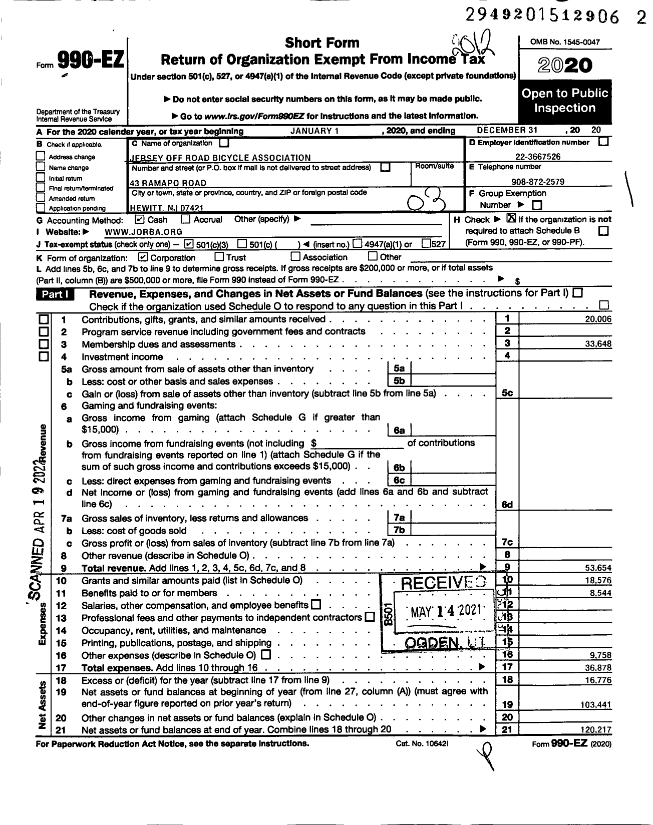 Image of first page of 2020 Form 990EZ for Jersey Off Road Bicycle Association