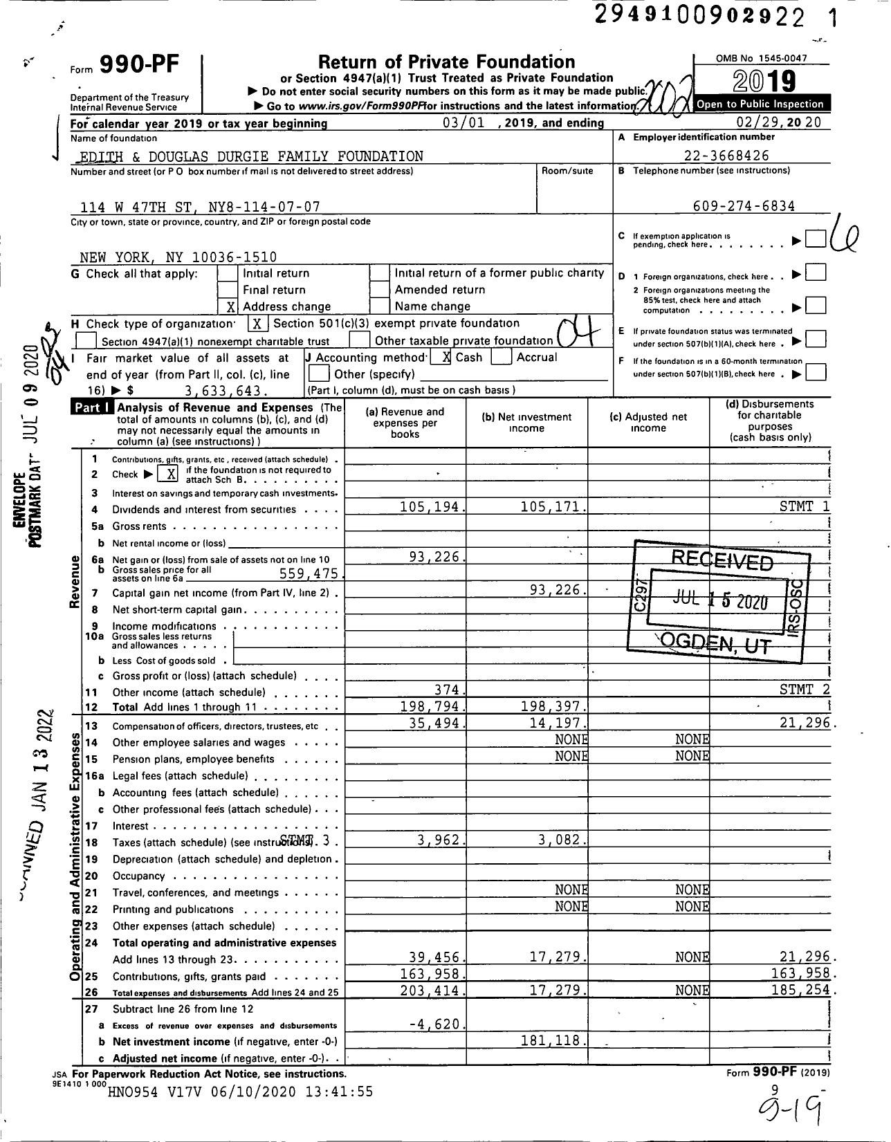 Image of first page of 2019 Form 990PF for Edith and Douglas Durgie Family Foundation