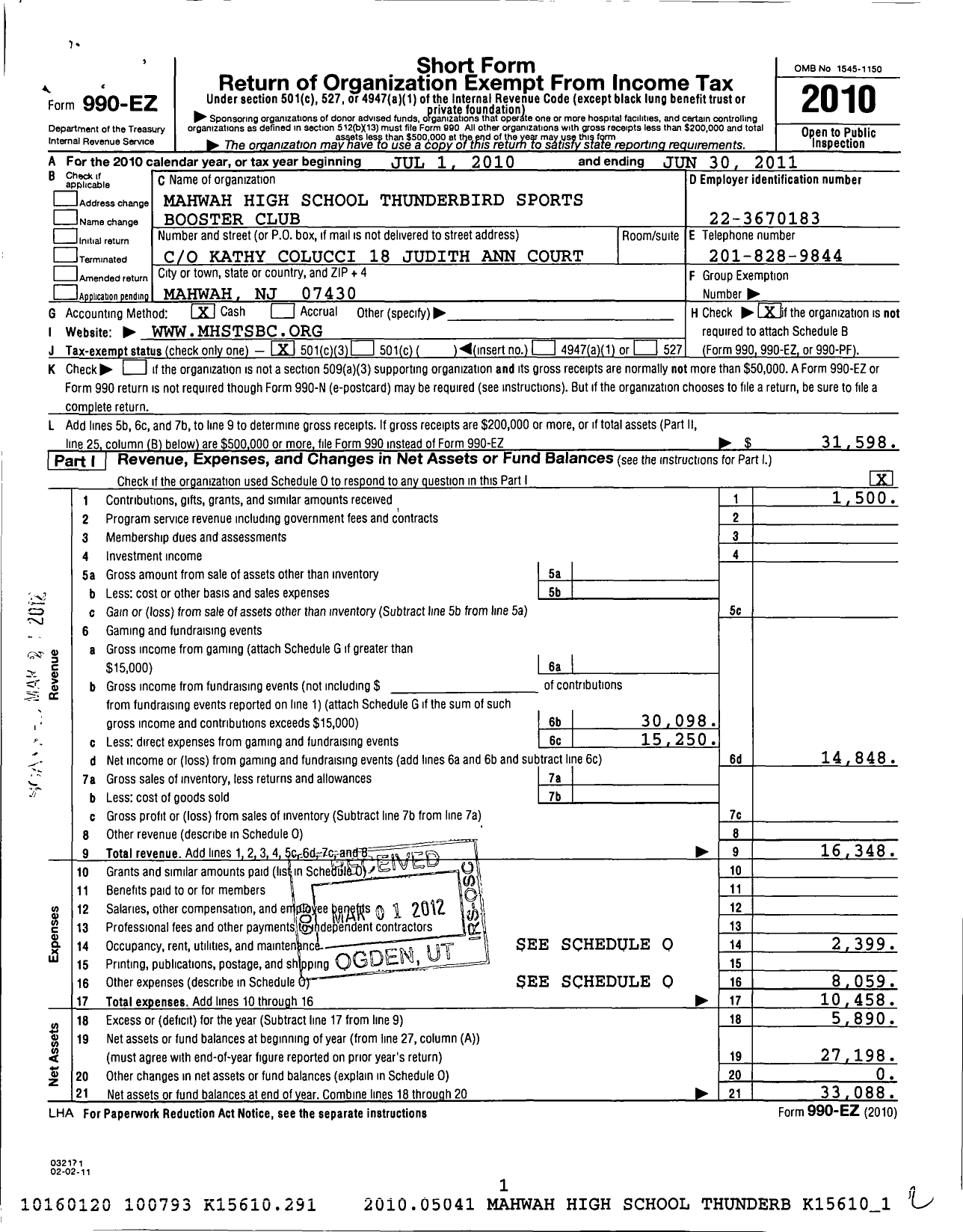 Image of first page of 2010 Form 990EZ for Mahwah High School Thunderbird Sports Booster Club