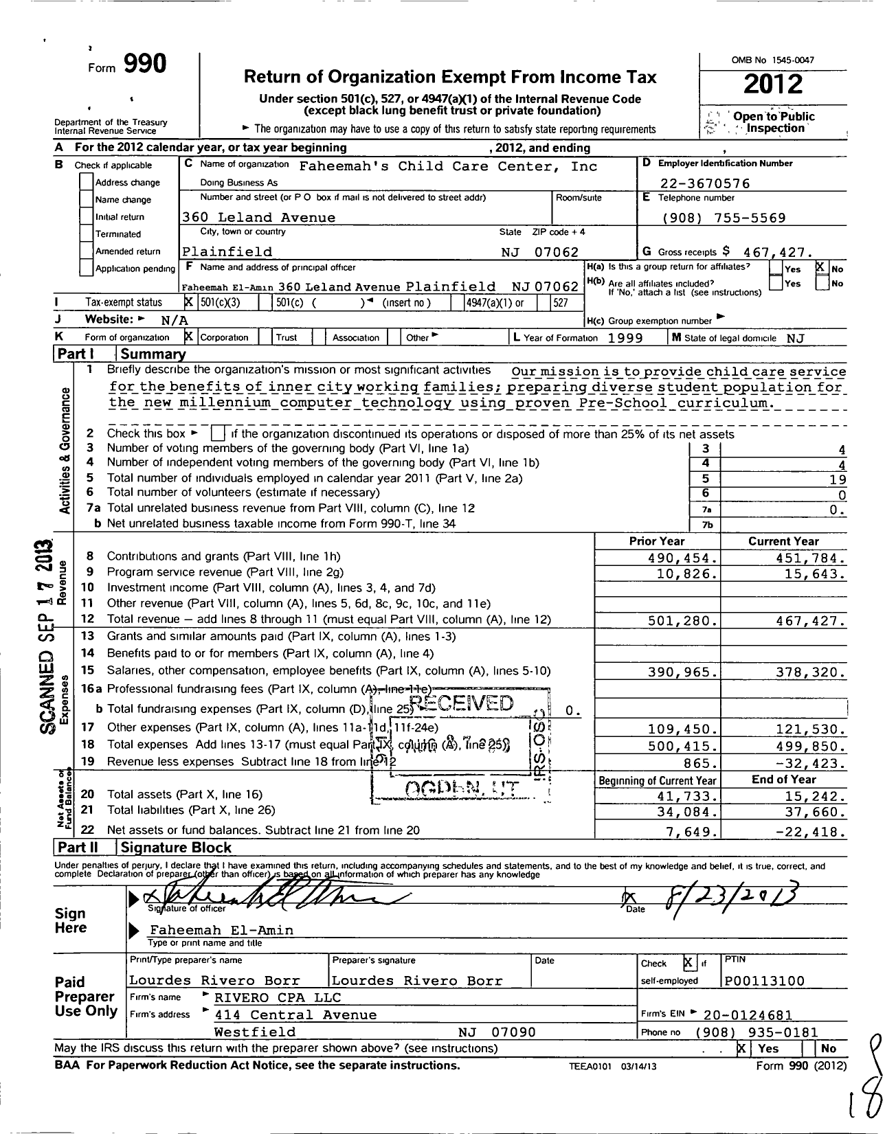 Image of first page of 2012 Form 990 for Faheemah's Child Care Center