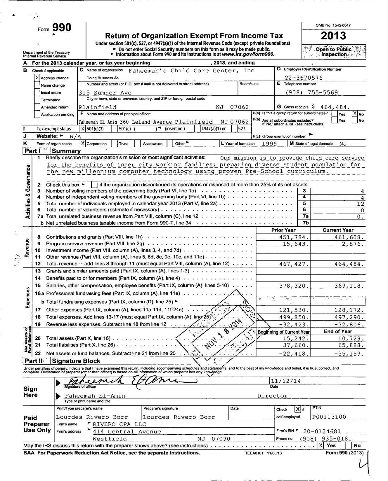 Image of first page of 2013 Form 990 for Faheemah's Child Care Center