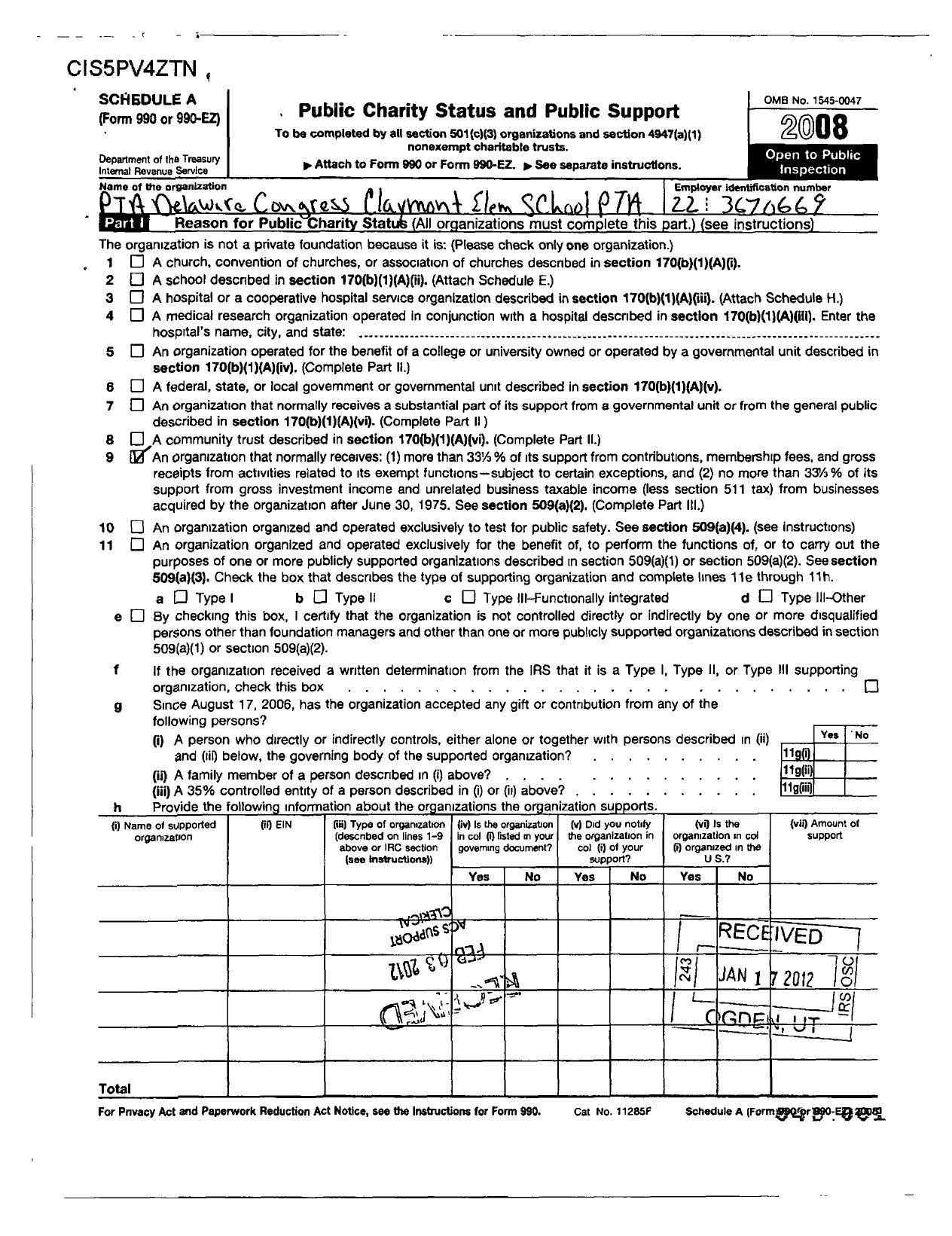 Image of first page of 2008 Form 990R for PTA Delaware Congress / Claymont Elementary School PTA