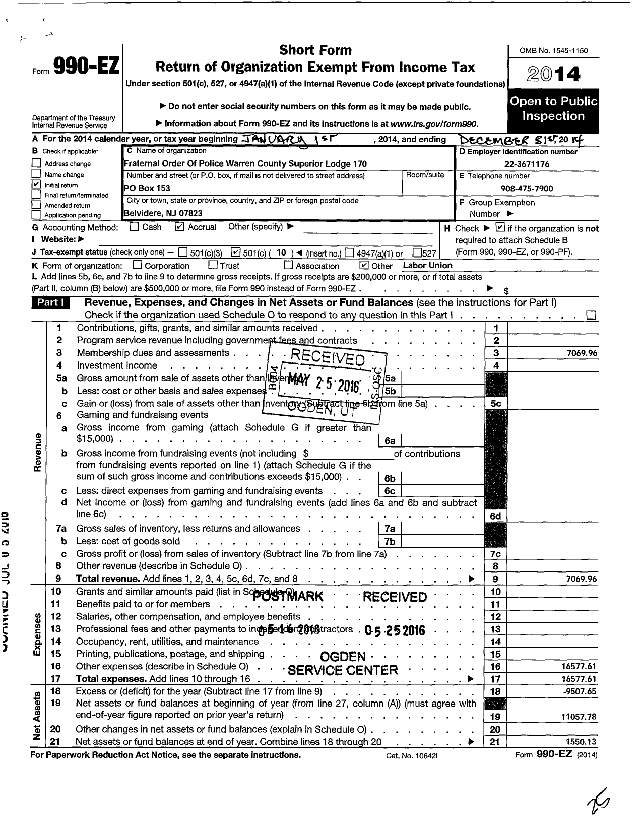 Image of first page of 2014 Form 990EO for Fraternal Order of Police / 170 Warren Co Corr Superiors