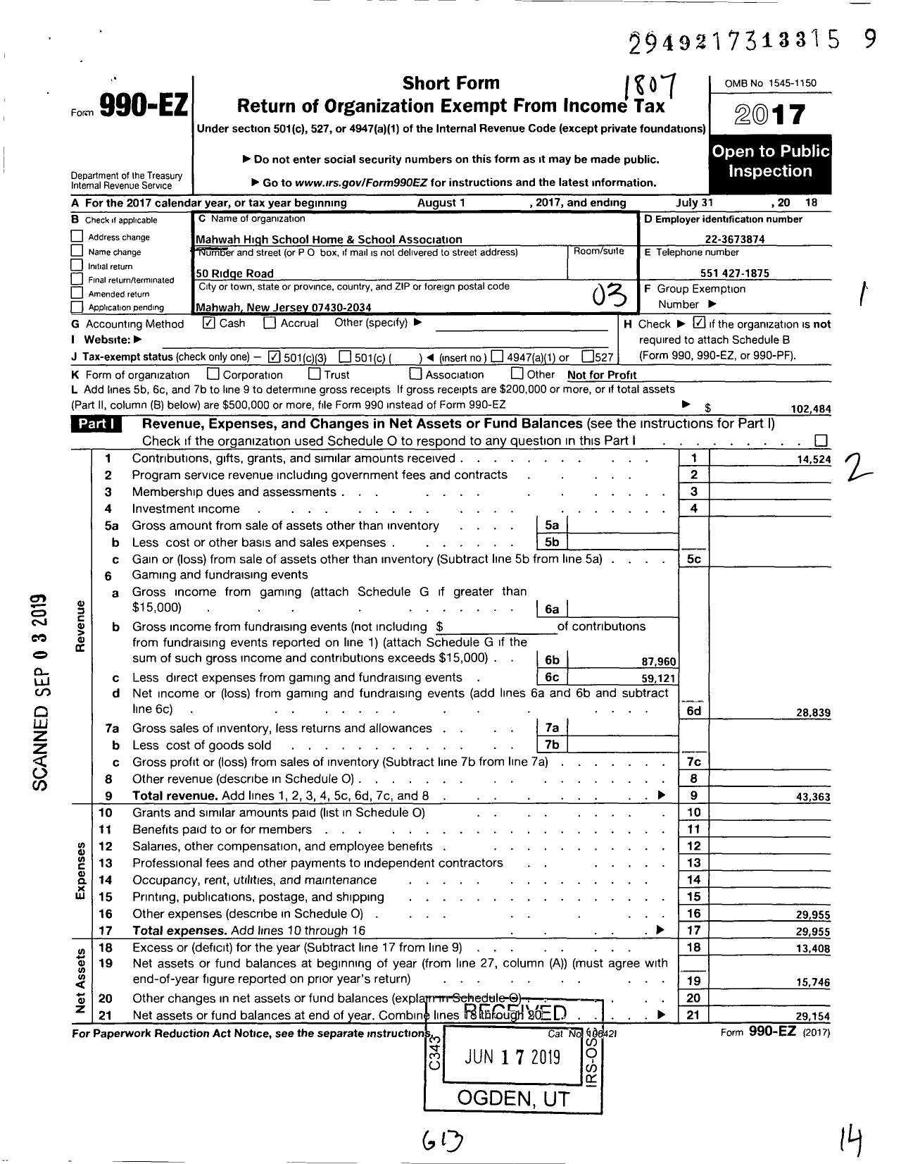 Image of first page of 2017 Form 990EZ for Mahwah High School Home & School Association