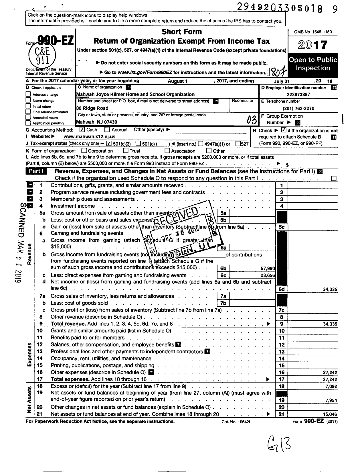 Image of first page of 2017 Form 990EZ for Mahwah Joyce Kilmer Home and School Organization