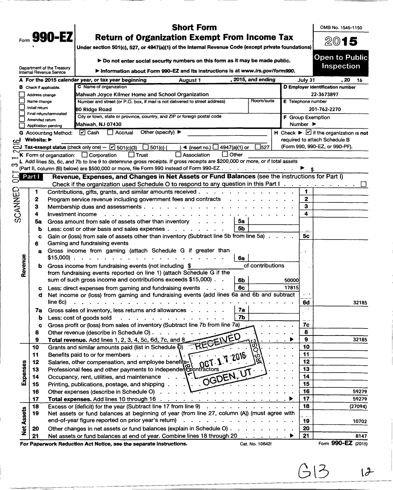 Image of first page of 2015 Form 990EZ for Mahwah Joyce Kilmer Home and School Organization