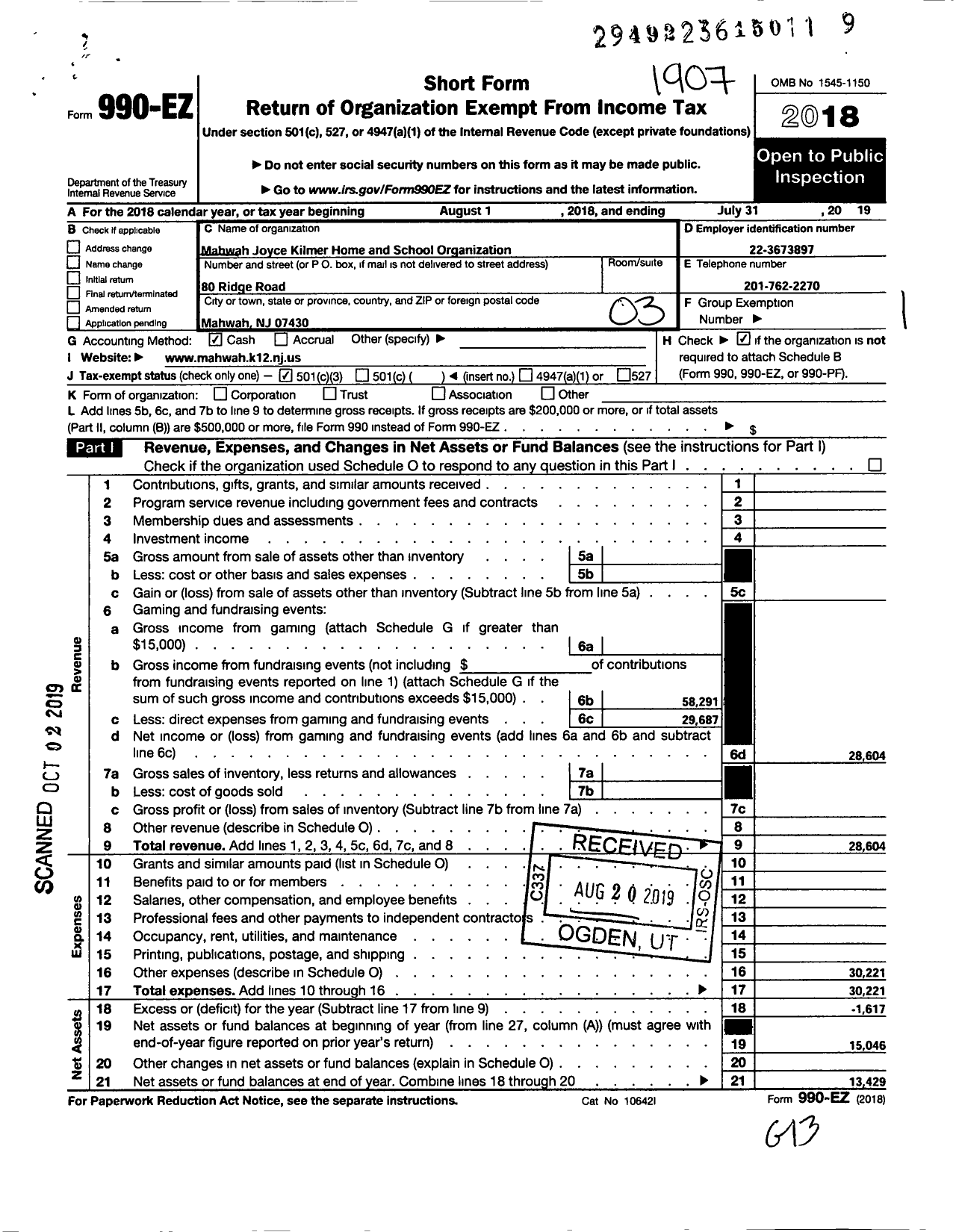 Image of first page of 2018 Form 990EZ for Mahwah Joyce Kilmer Home and School Organization