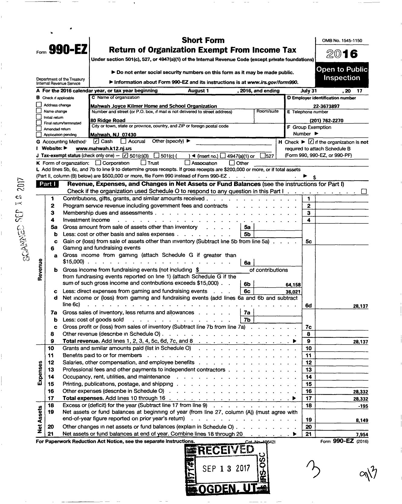 Image of first page of 2016 Form 990EZ for Mahwah Joyce Kilmer Home and School Organization