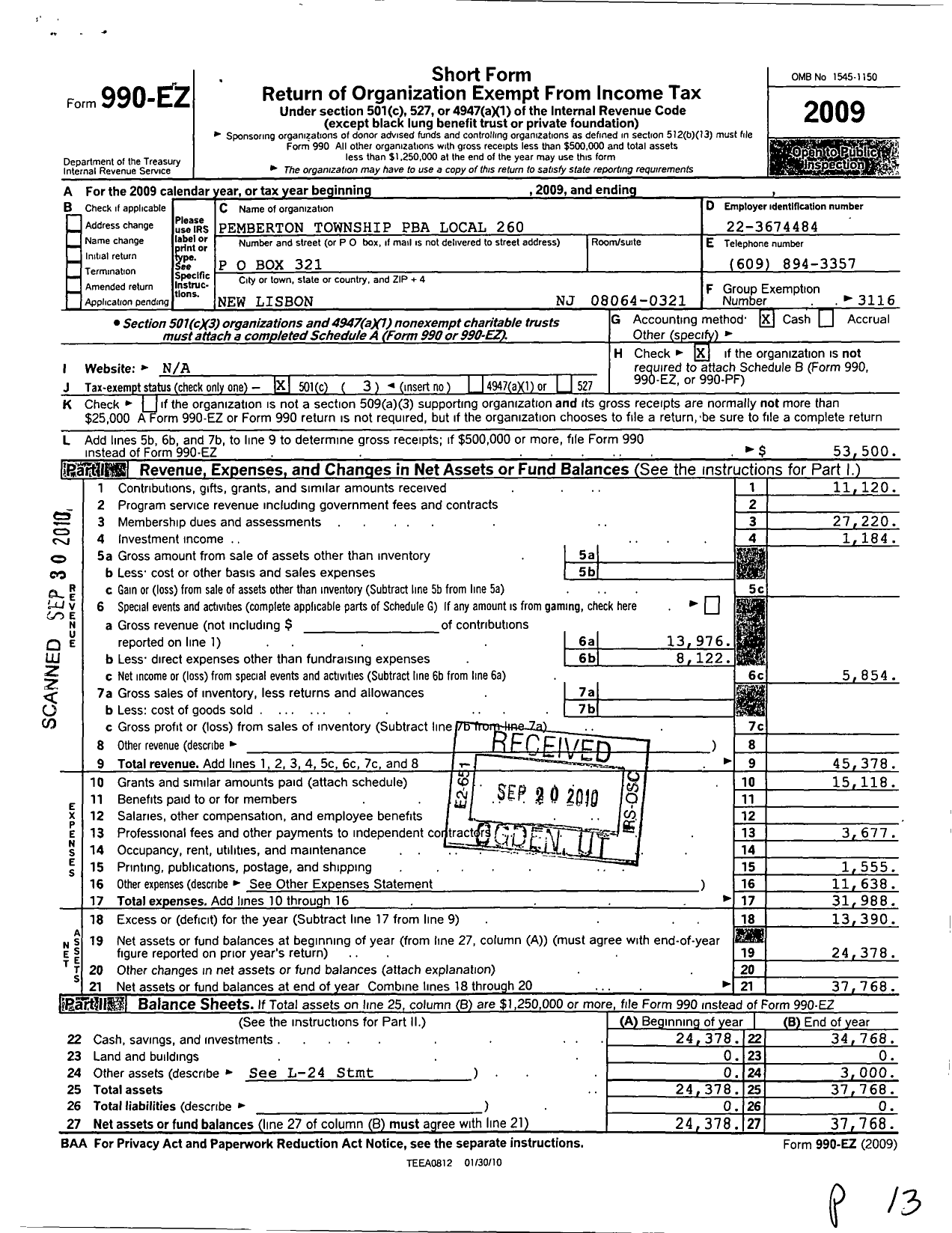 Image of first page of 2009 Form 990EZ for Pemberton TWP Pba Local 260