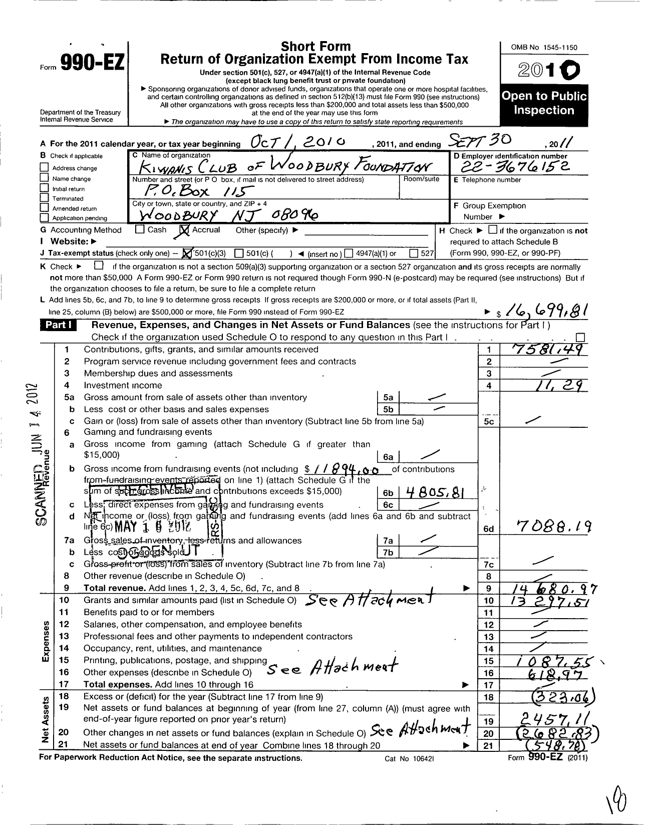 Image of first page of 2010 Form 990EZ for Kiwanis Club of Woodbury New Jersey Foundation