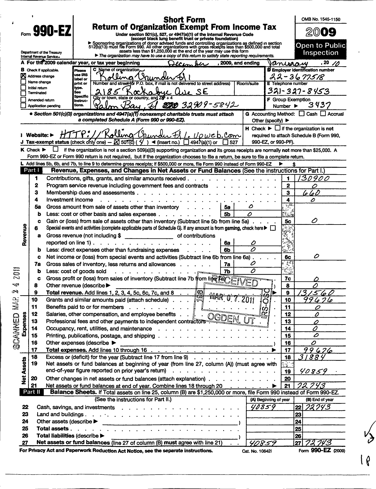 Image of first page of 2009 Form 990EO for Rolling Thunder - Rolling Thunder Chapter 1 FL