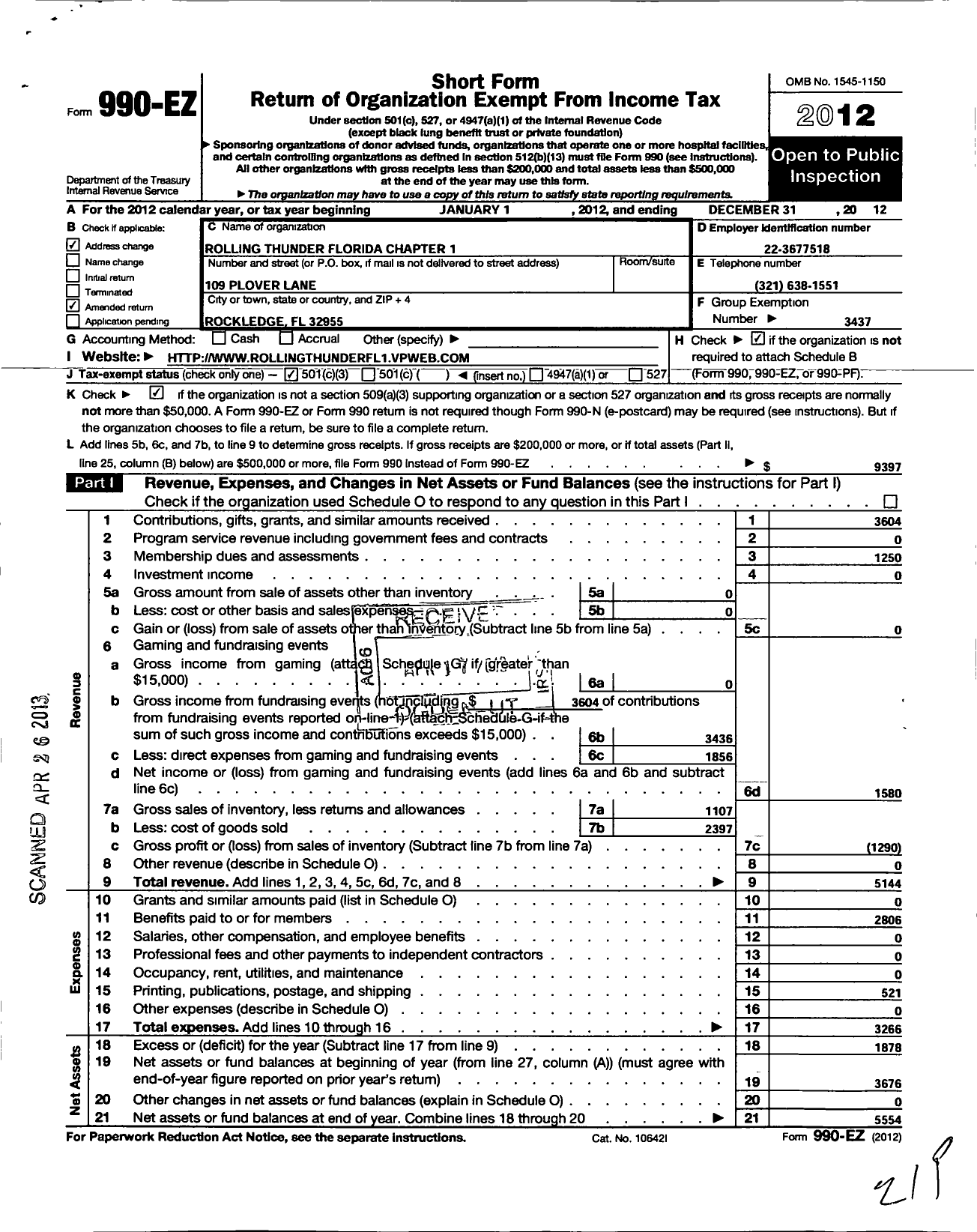 Image of first page of 2012 Form 990EZ for Rolling Thunder - Rolling Thunder Chapter 1 FL