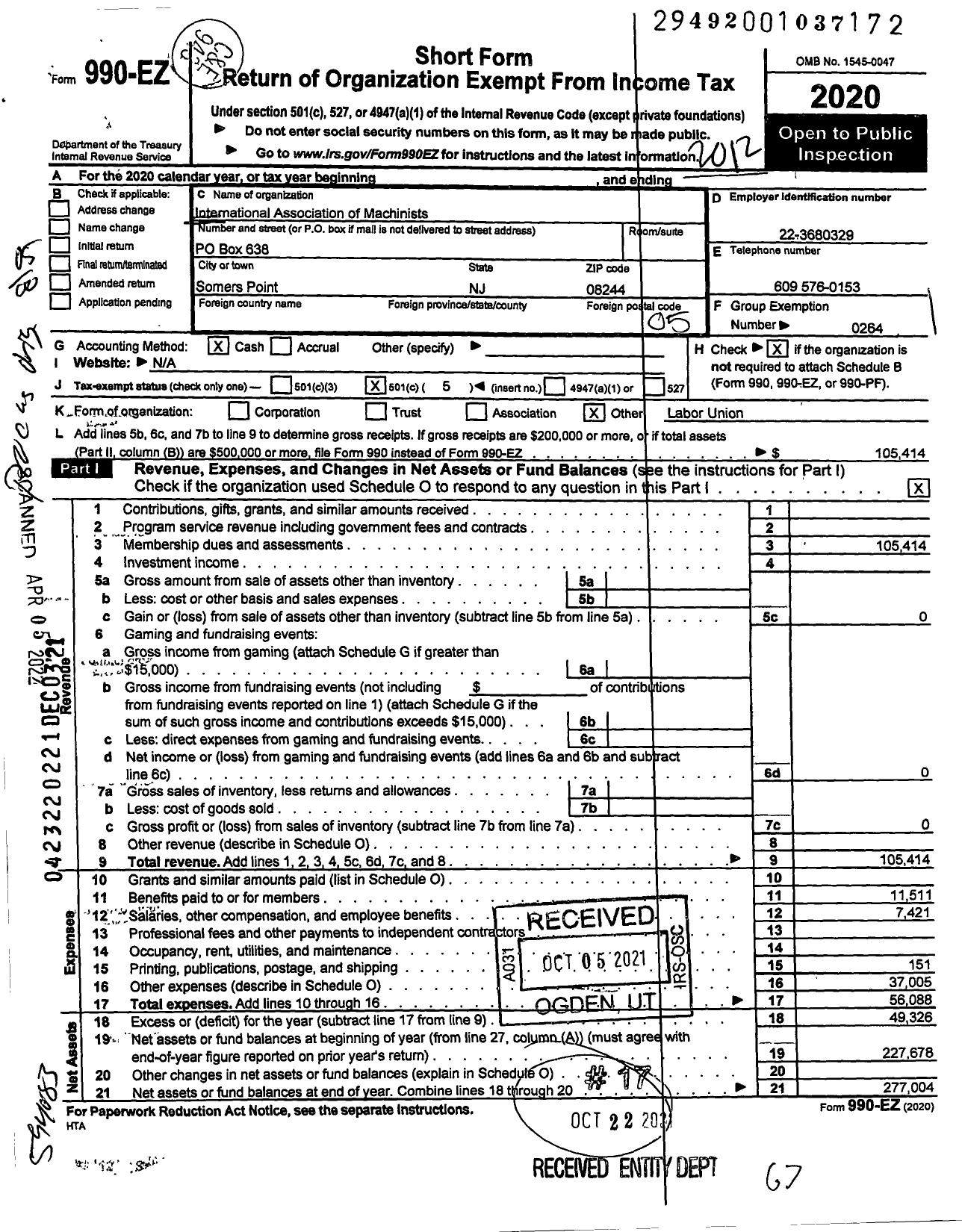 Image of first page of 2020 Form 990EO for International Association of Machinists and Aerospace Workers - 321 Local Lodge Iamaw