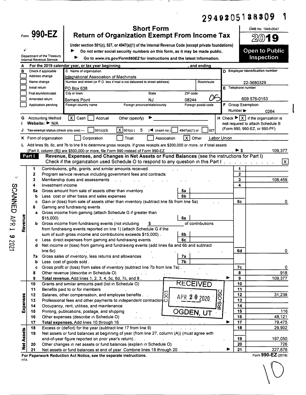 Image of first page of 2019 Form 990EO for International Association of Machinists and Aerospace Workers - 321 Local Lodge Iamaw