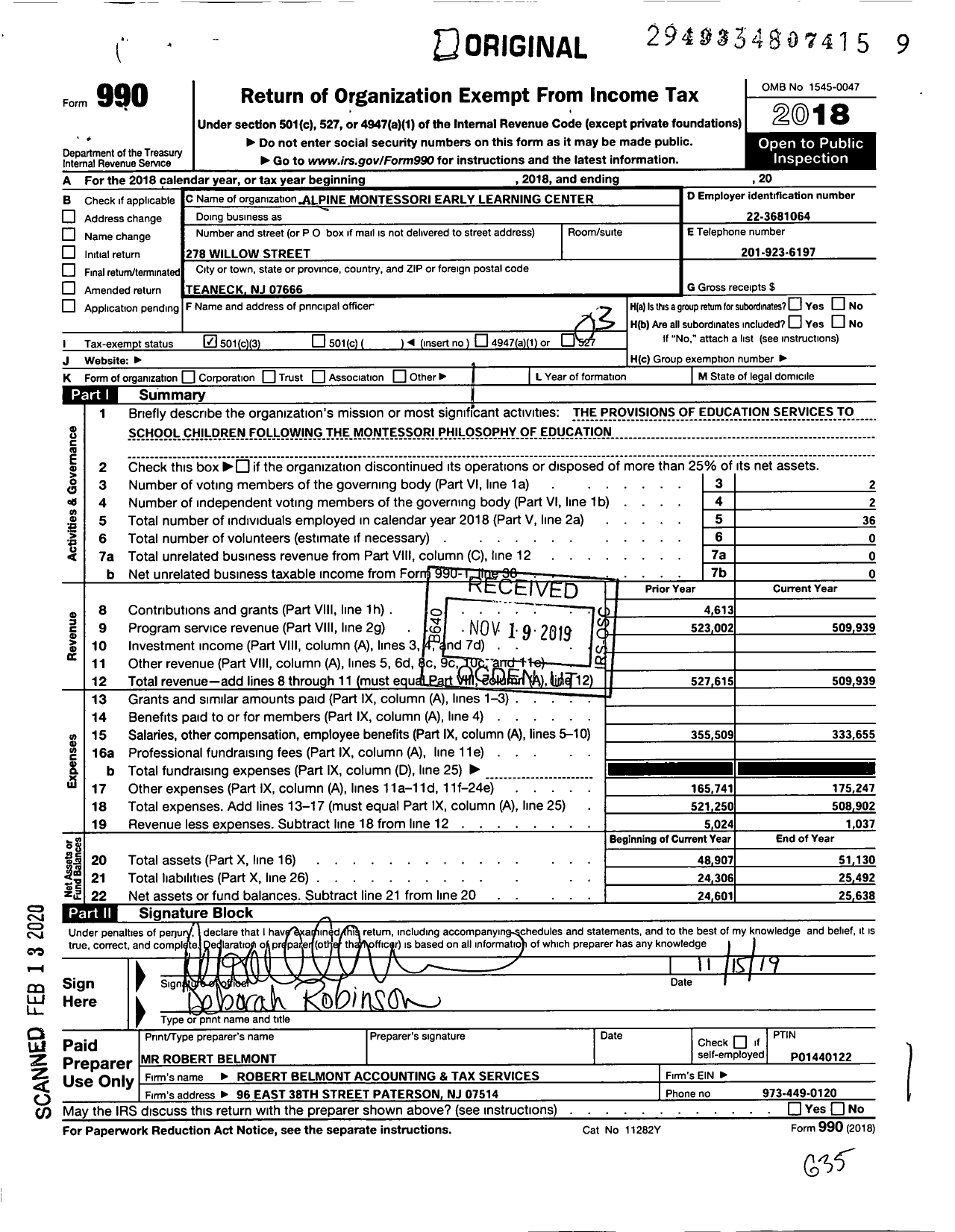 Image of first page of 2018 Form 990 for Alpine Montessori Early Learning Center