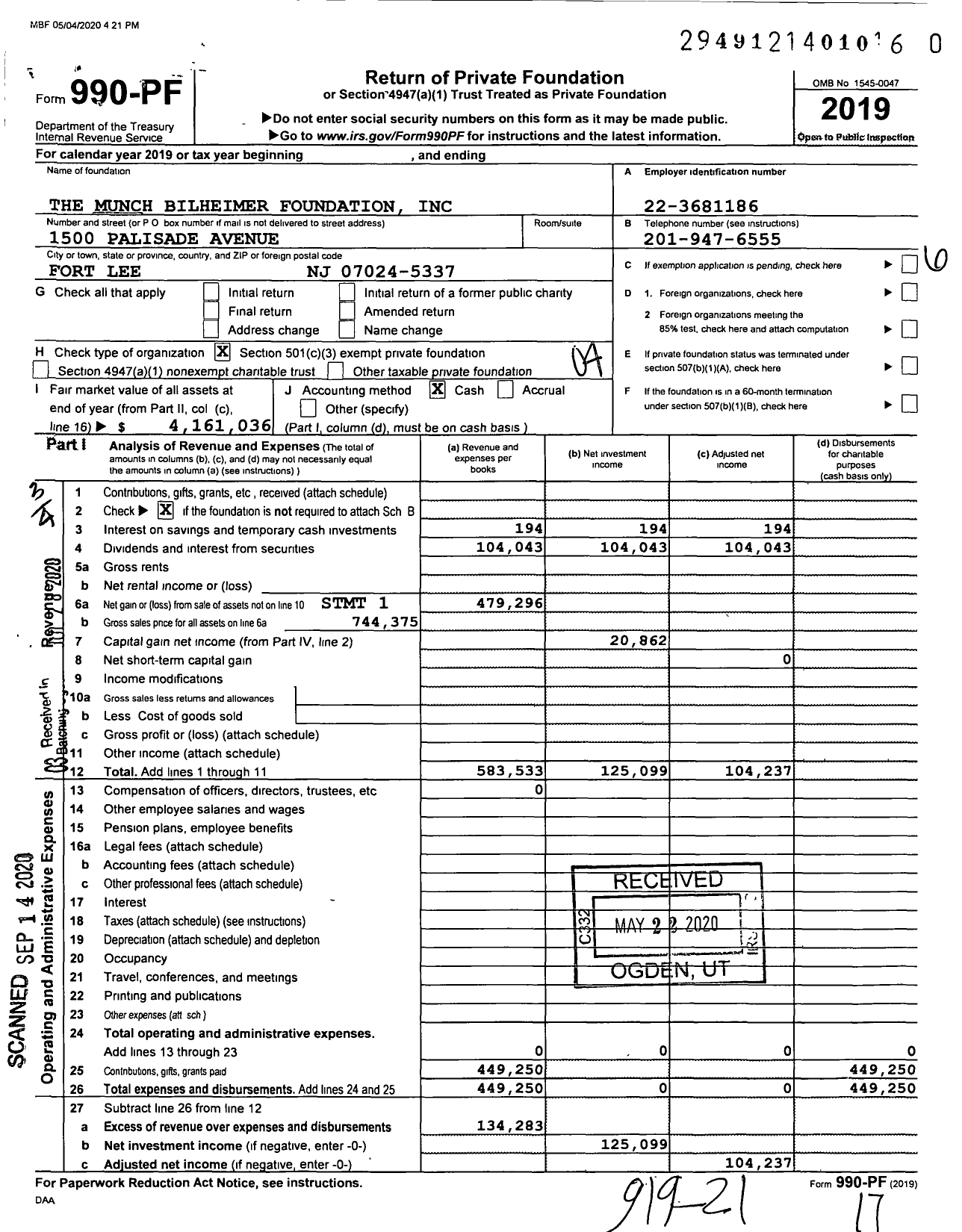 Image of first page of 2019 Form 990PR for The Munch Bilheimer Foundation