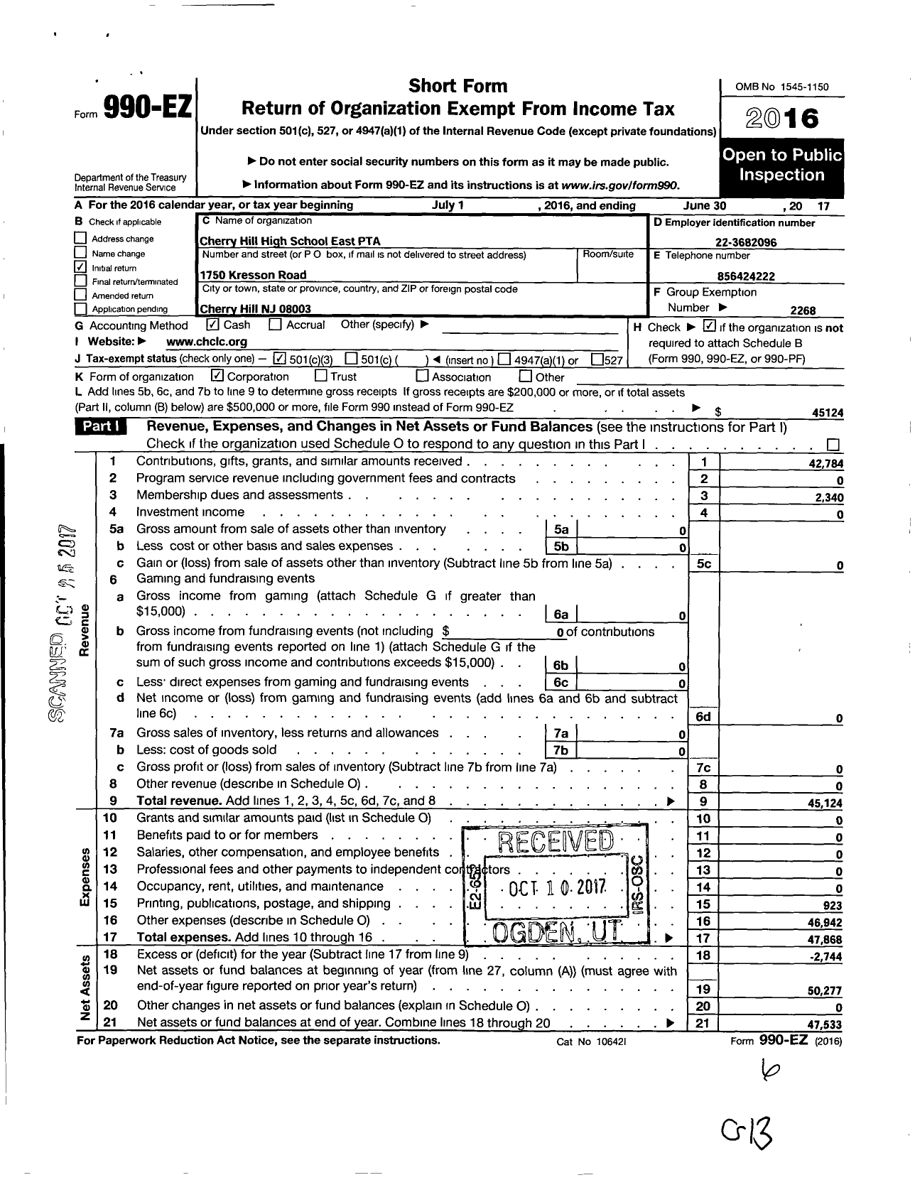 Image of first page of 2016 Form 990EZ for New Jersey PTA - 151245 Cherry Hill School East PTA