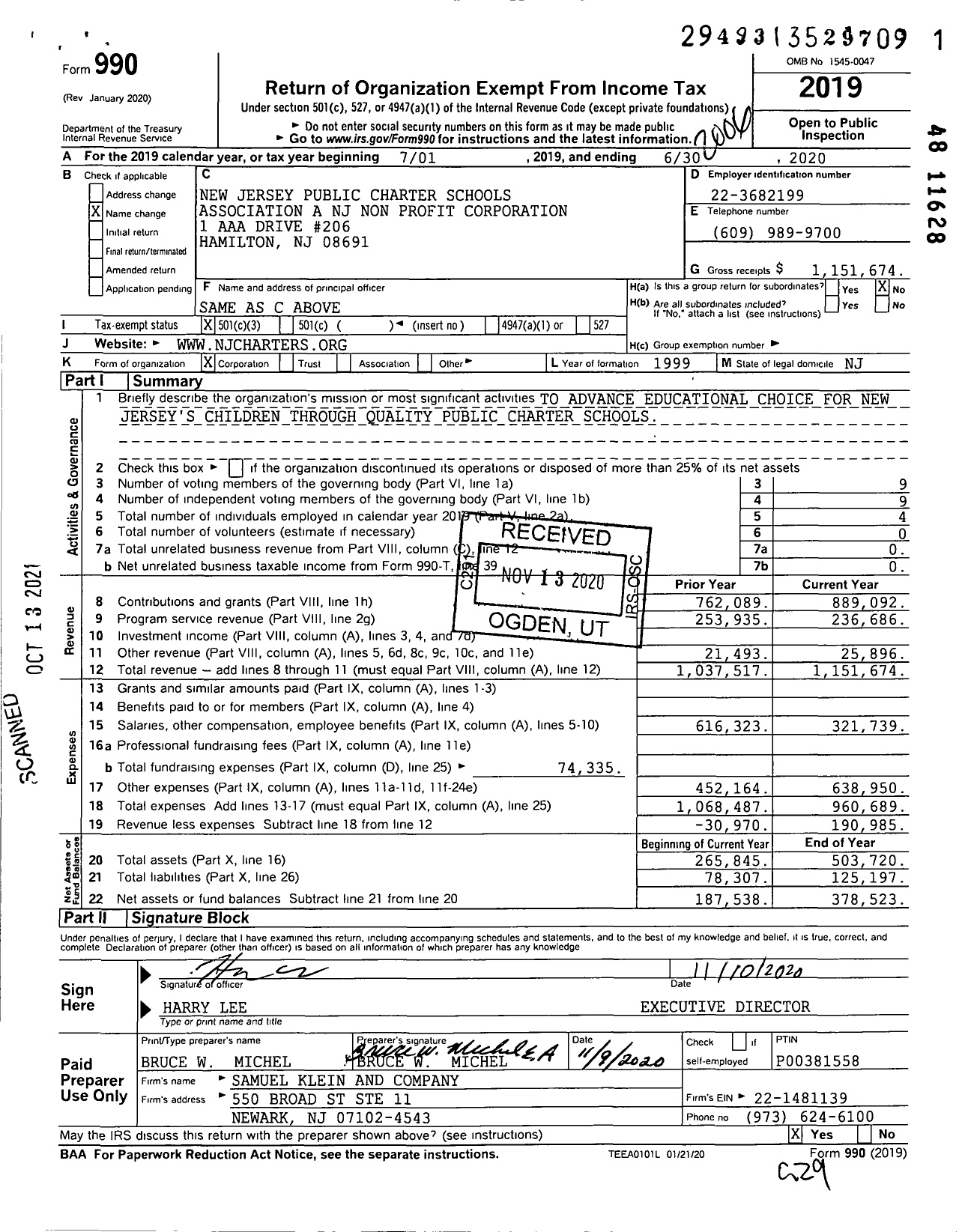 Image of first page of 2019 Form 990 for New Jersey Public Charter Schools Association A NJ Non Profit Corporation (NJCSA)