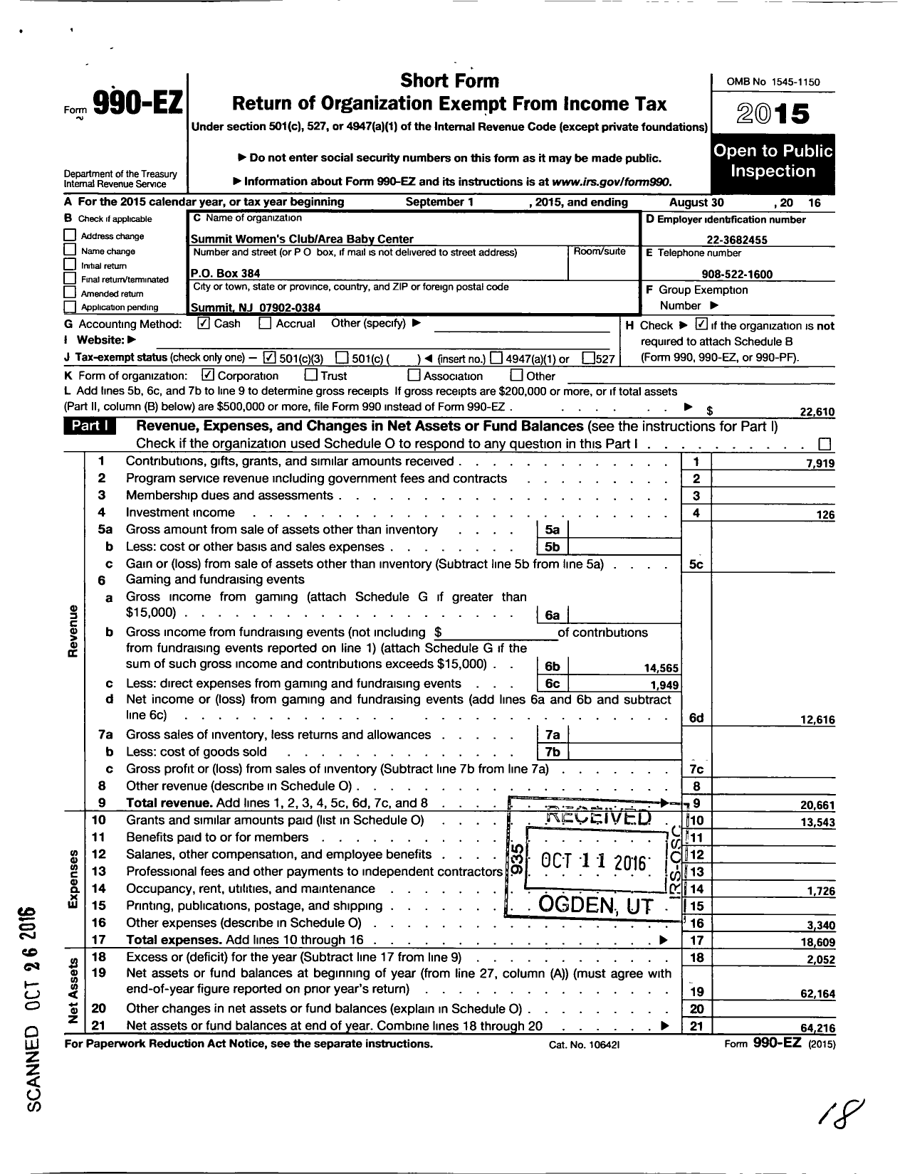 Image of first page of 2015 Form 990EZ for Summit Womens Club