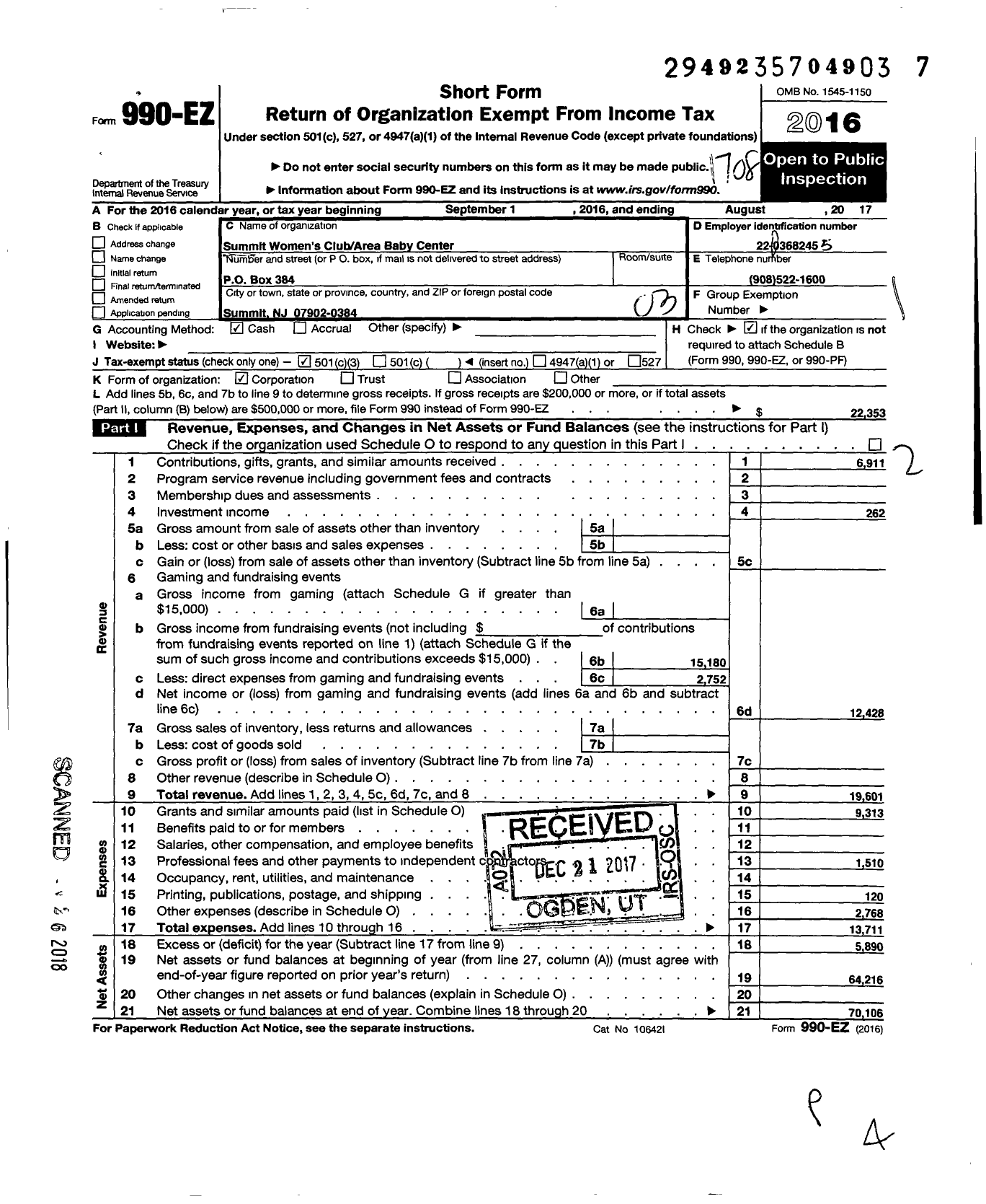 Image of first page of 2016 Form 990EZ for Summit Womens Club