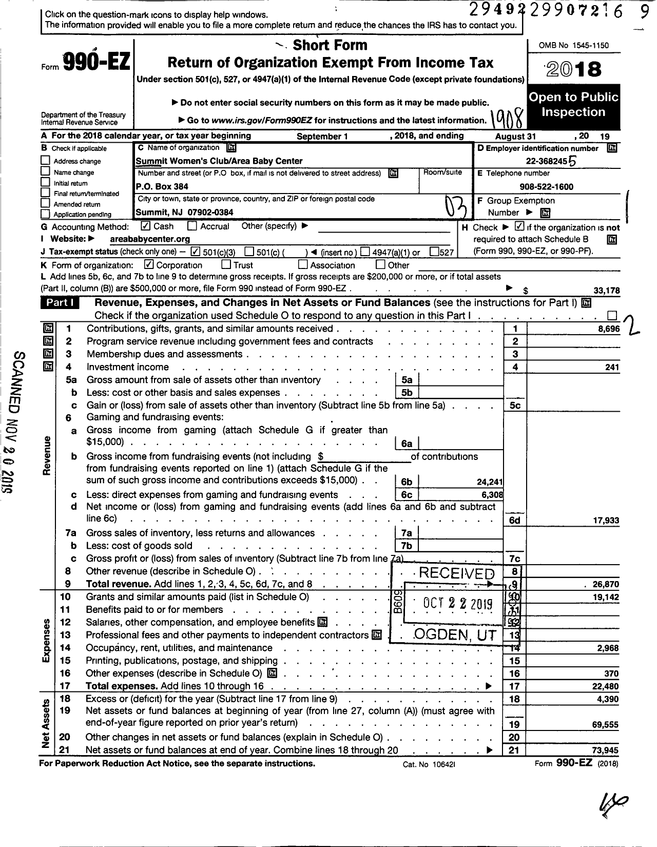 Image of first page of 2018 Form 990EZ for Summit Womens Club