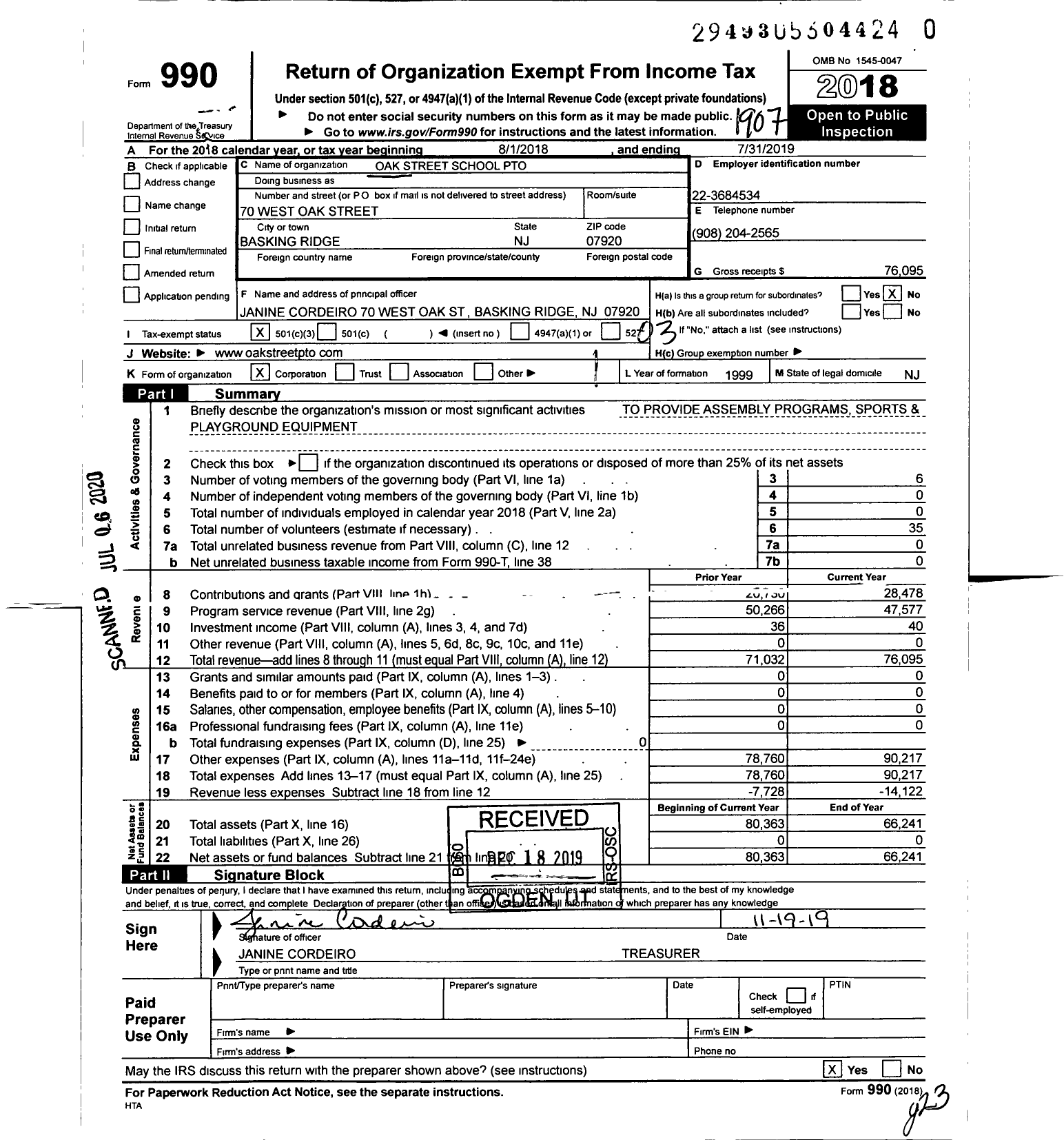 Image of first page of 2018 Form 990 for Oak Street School Pto