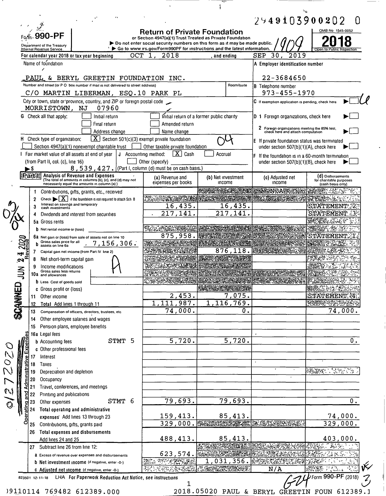 Image of first page of 2018 Form 990PR for Paul B Greetin and Beryl S Greetin Foundation