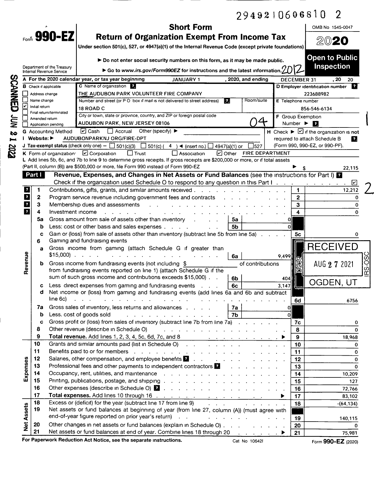 Image of first page of 2020 Form 990EO for The Audubon Park Volunteer Fire Company