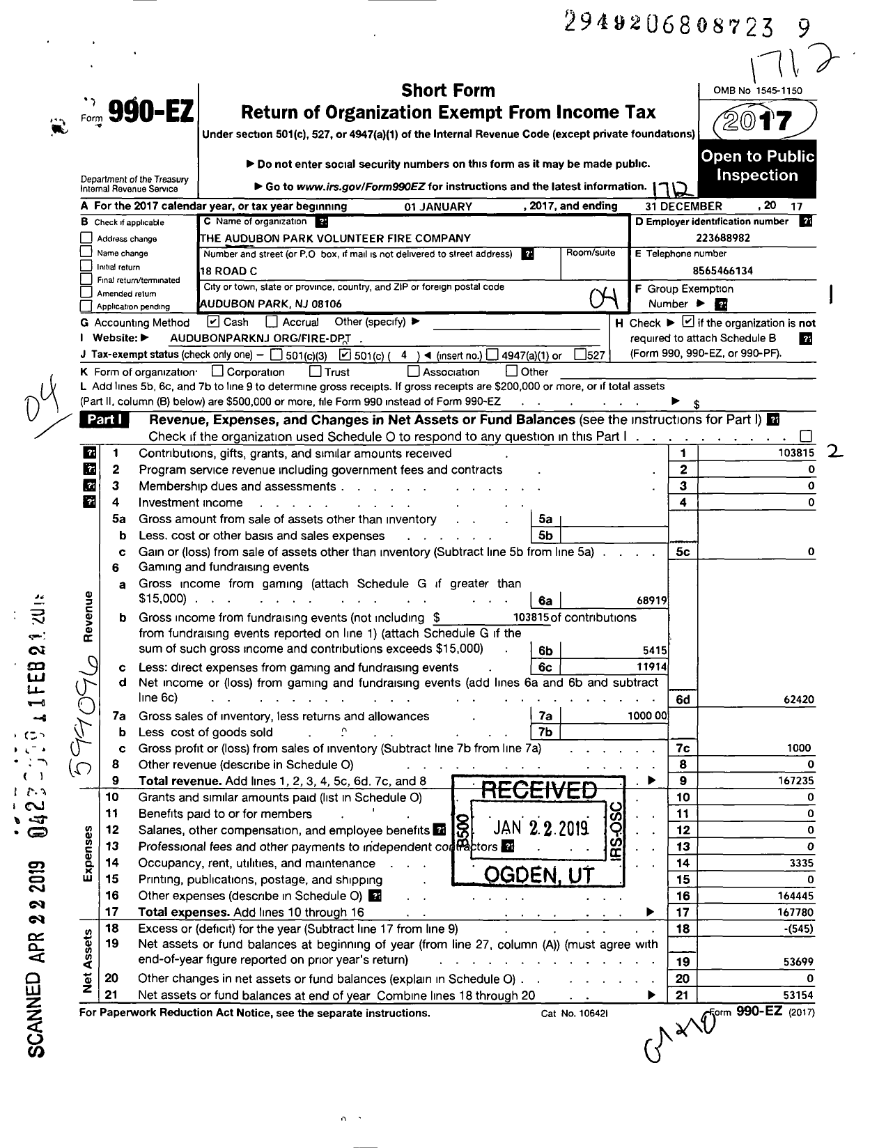 Image of first page of 2017 Form 990EO for The Audubon Park Volunteer Fire Company