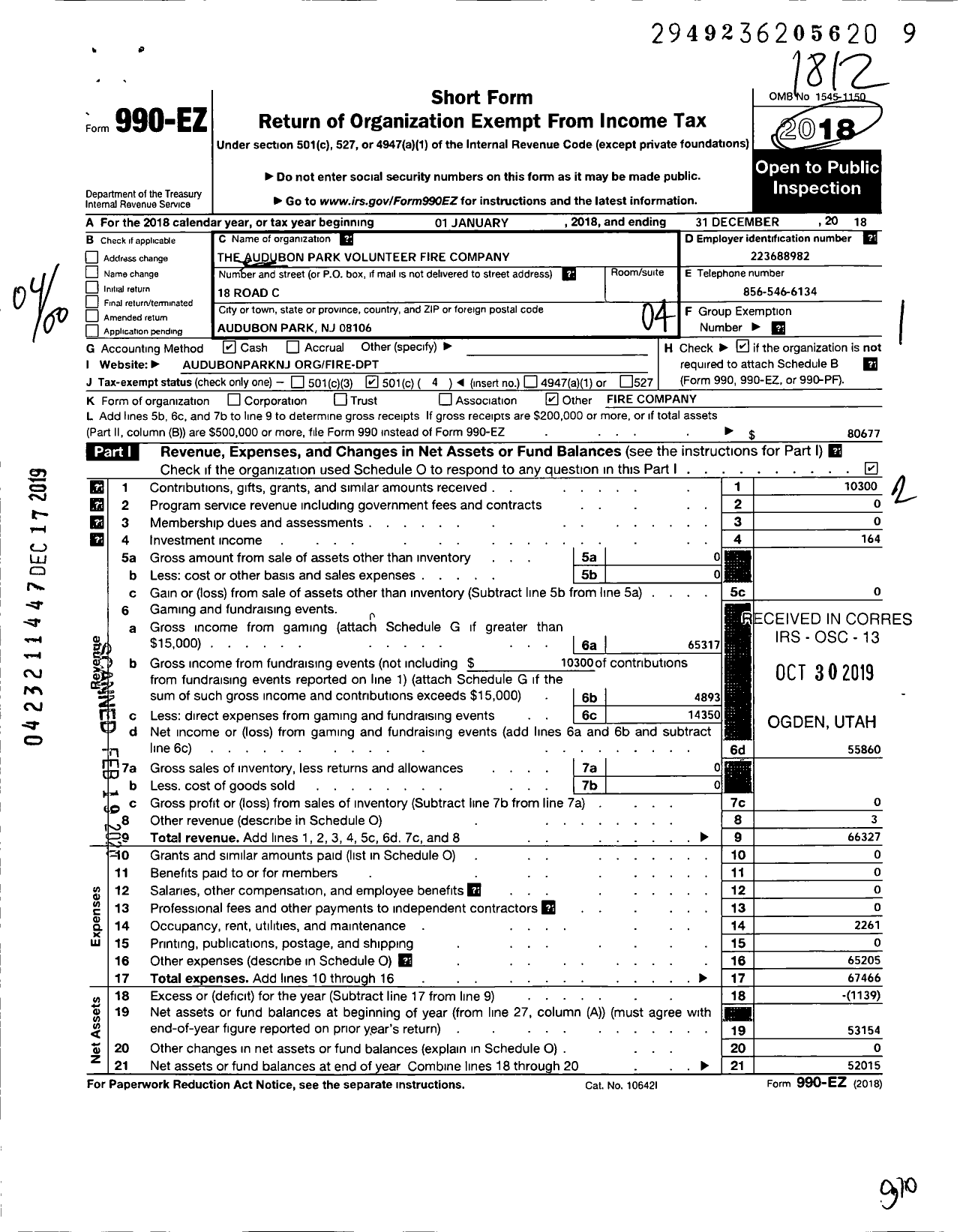 Image of first page of 2018 Form 990EO for The Audubon Park Volunteer Fire Company