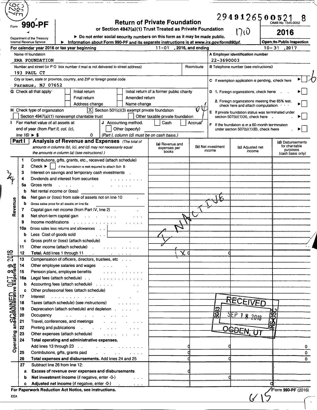 Image of first page of 2016 Form 990PF for Ema Foundation