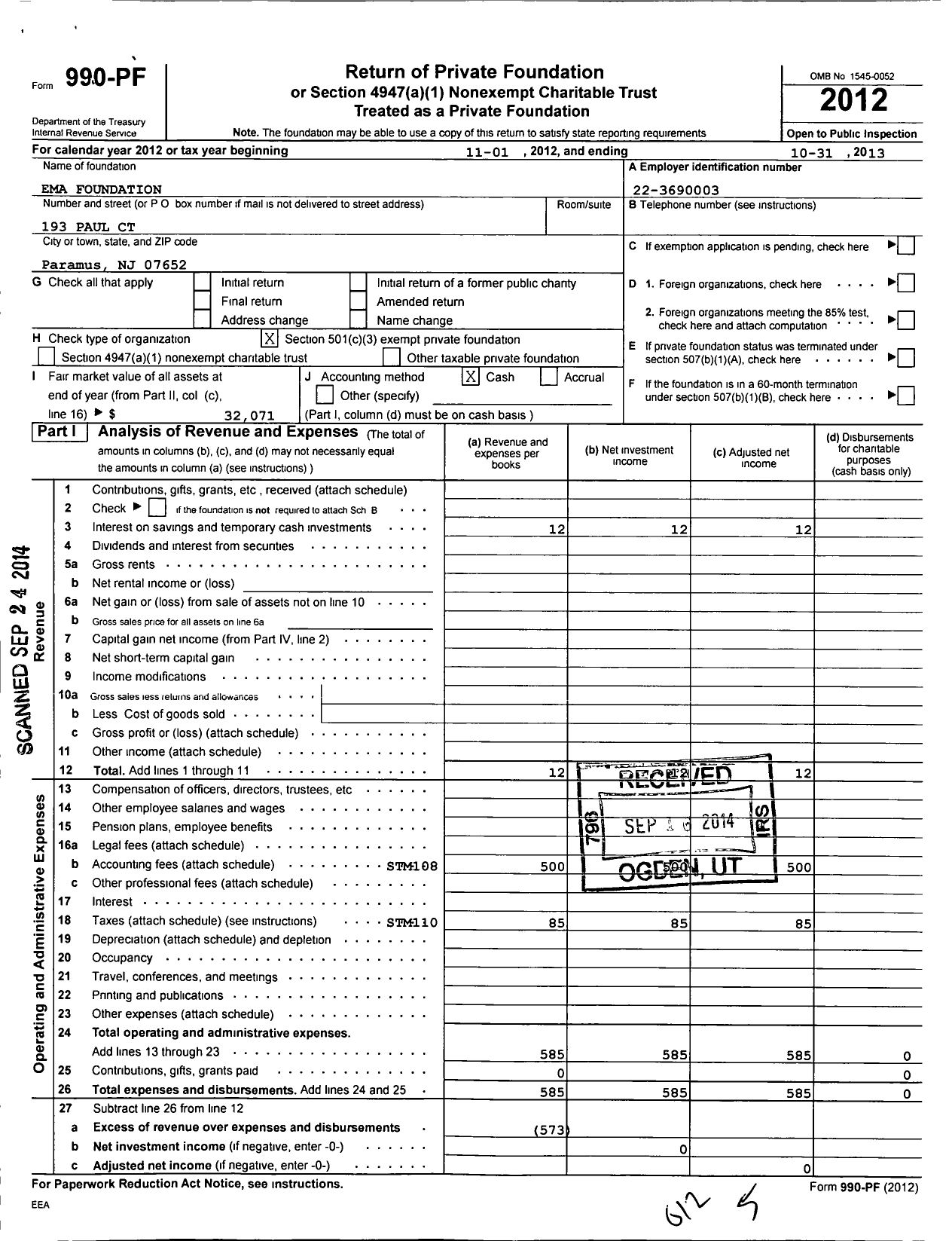 Image of first page of 2012 Form 990PF for Ema Foundation