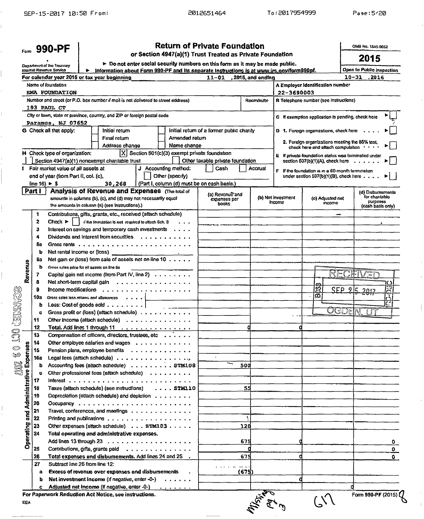 Image of first page of 2015 Form 990PF for Ema Foundation