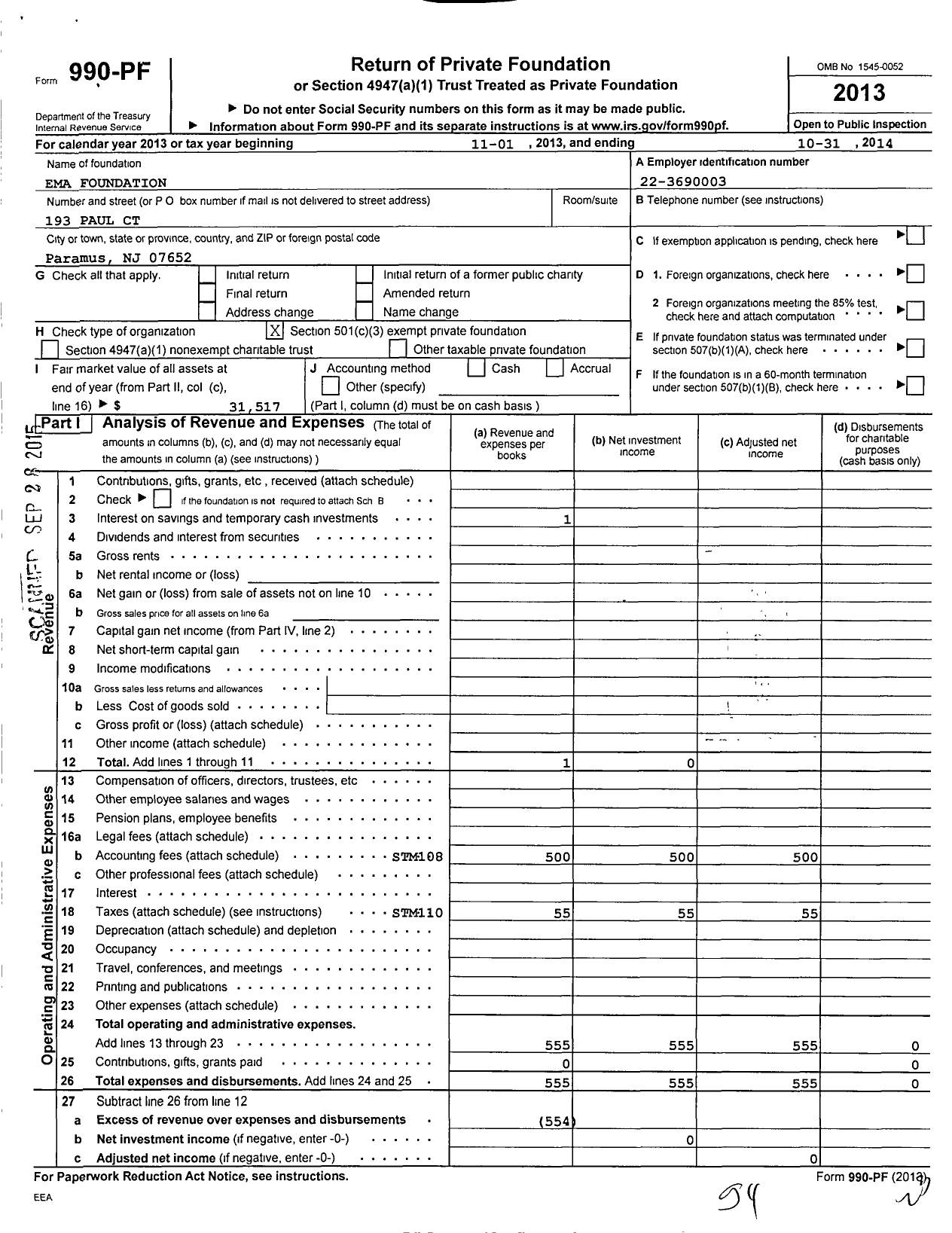 Image of first page of 2013 Form 990PF for Ema Foundation