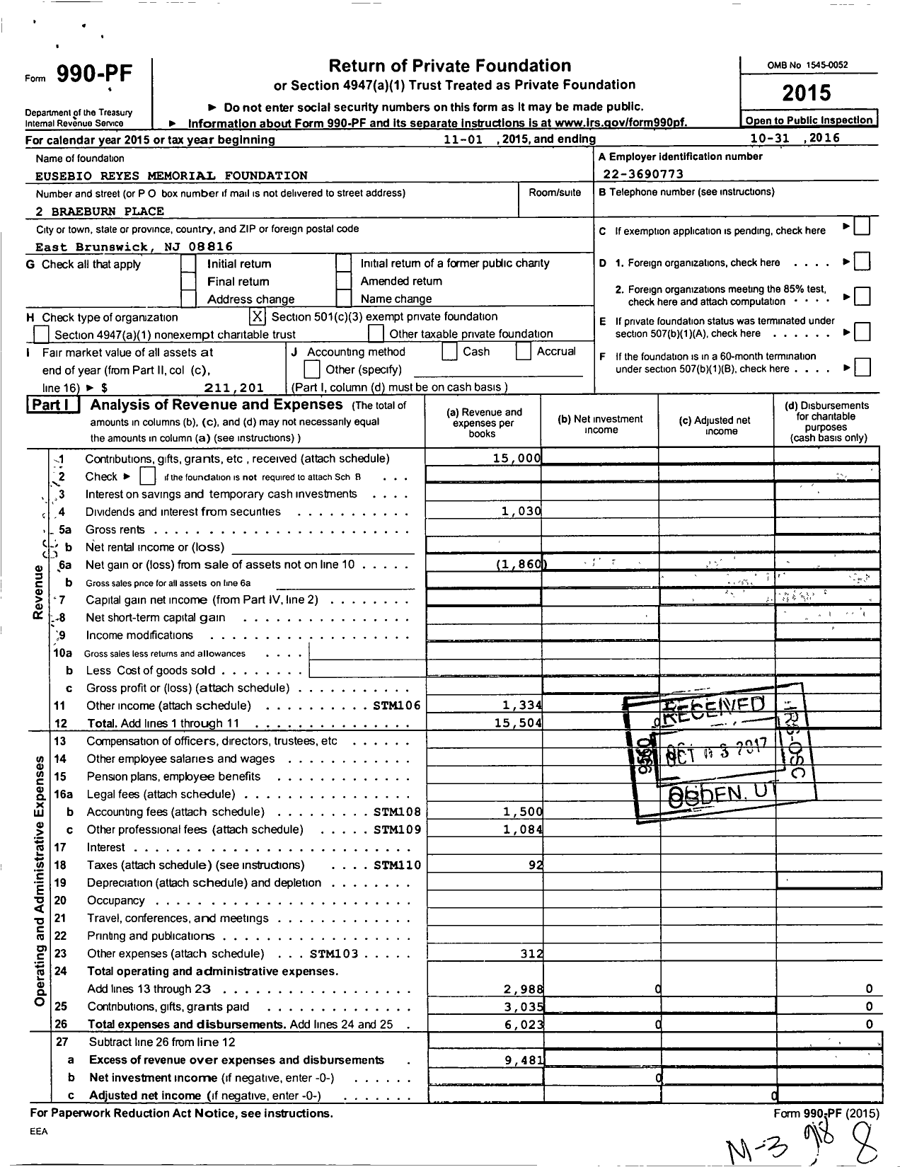 Image of first page of 2015 Form 990PF for Eusebio Reyes Memorial Foundation