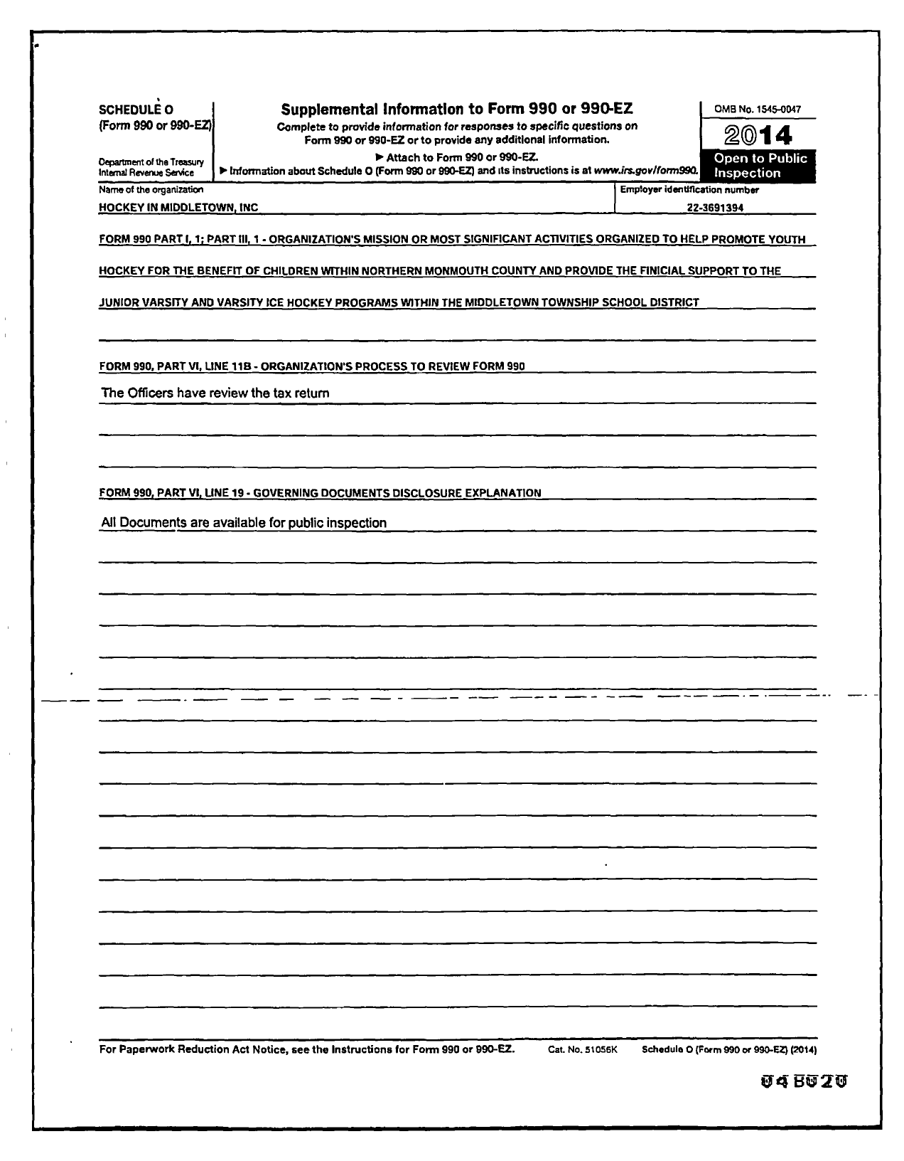 Image of first page of 2014 Form 990R for Hockey in Middletown