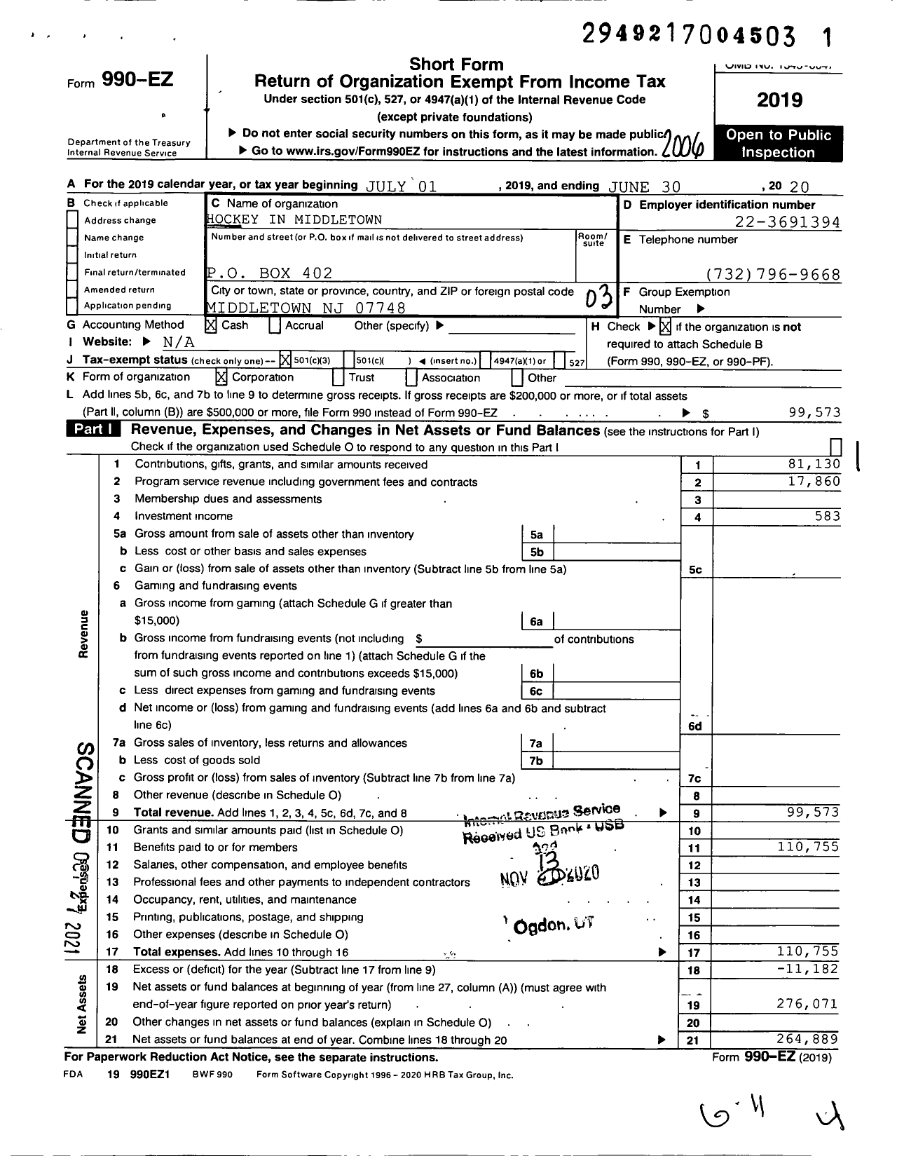 Image of first page of 2019 Form 990EZ for Hockey in Middletown