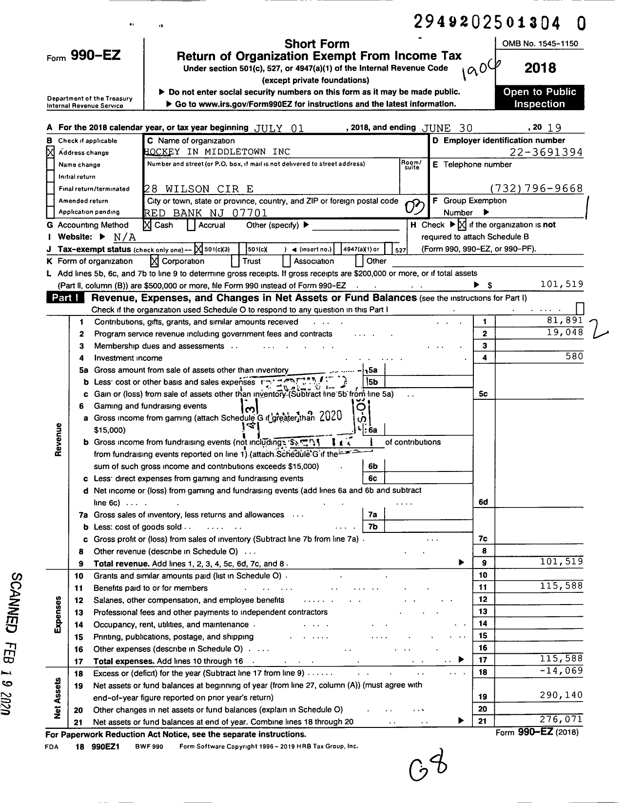 Image of first page of 2018 Form 990EZ for Hockey in Middletown