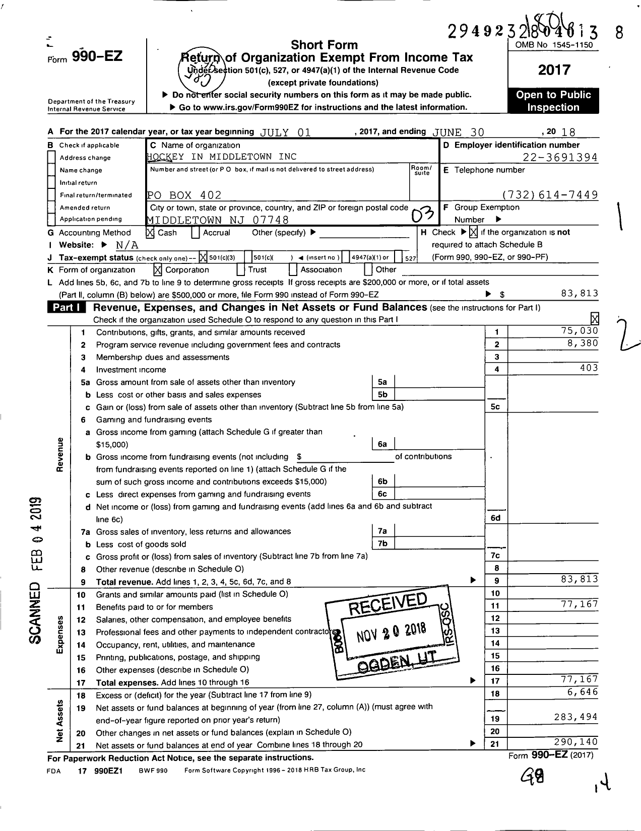 Image of first page of 2017 Form 990EZ for Hockey in Middletown