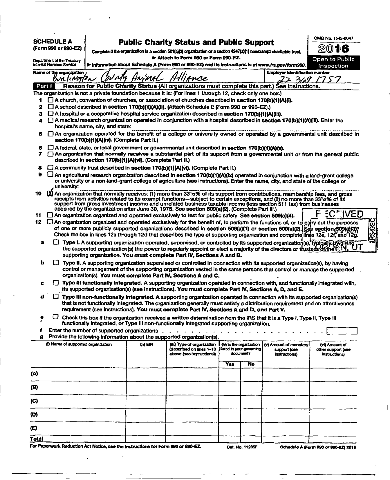 Image of first page of 2015 Form 990ER for Burlington County Animal Alliance