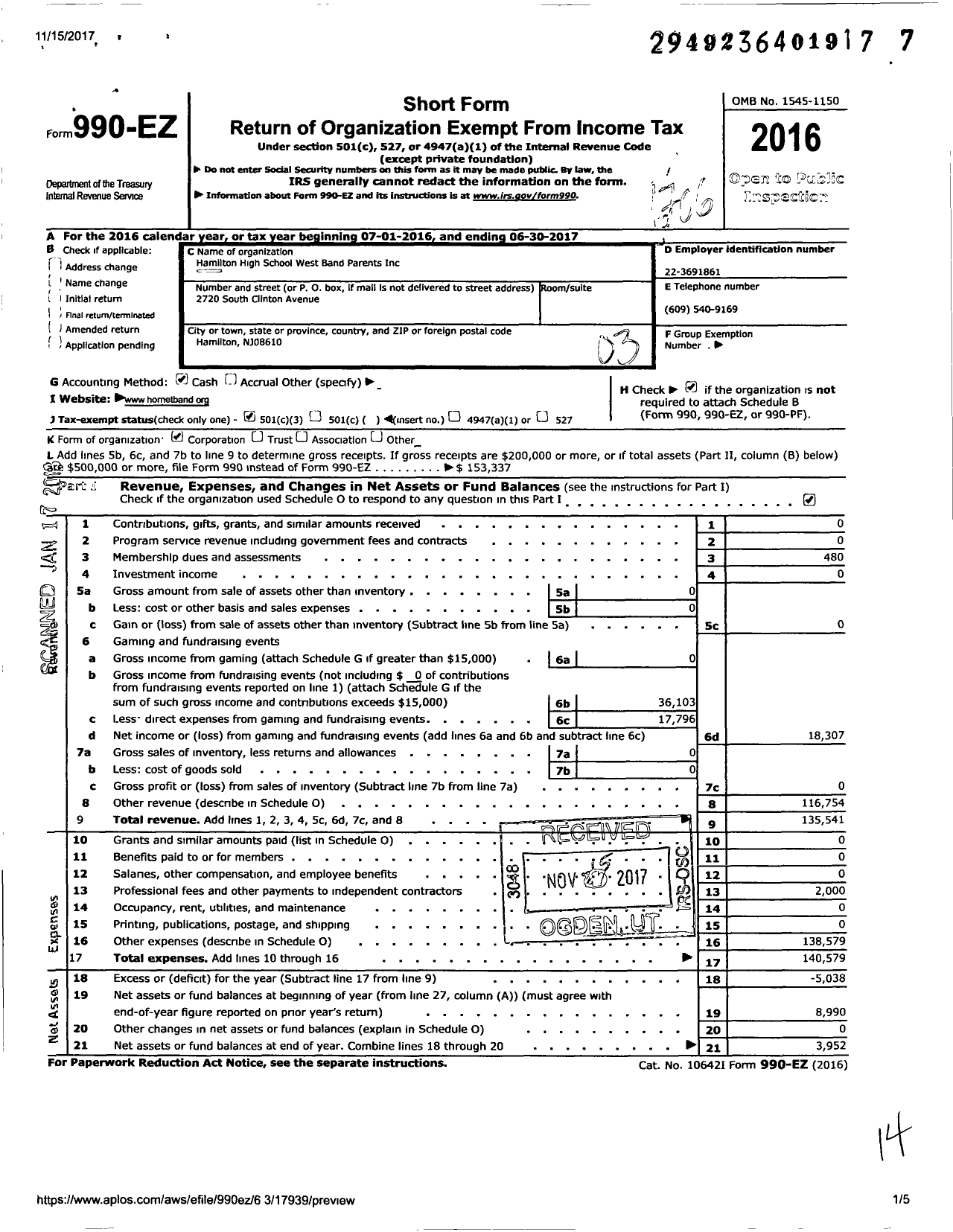 Image of first page of 2016 Form 990EZ for Hamilton High School West Band Parents