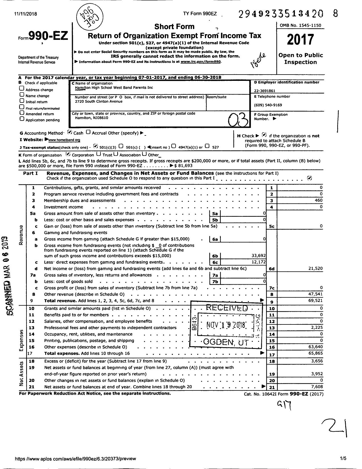 Image of first page of 2017 Form 990EZ for Hamilton High School West Band Parents