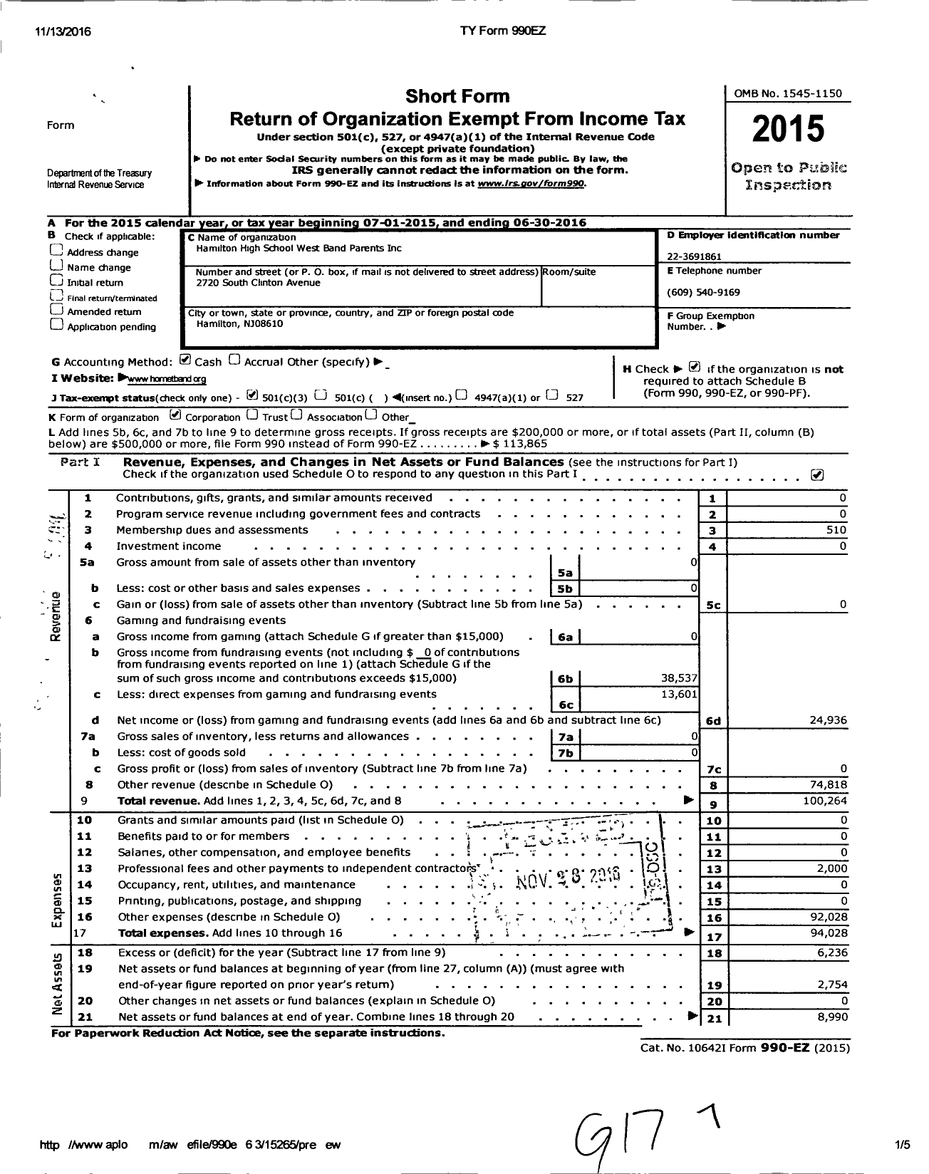 Image of first page of 2015 Form 990EZ for Hamilton High School West Band Parents