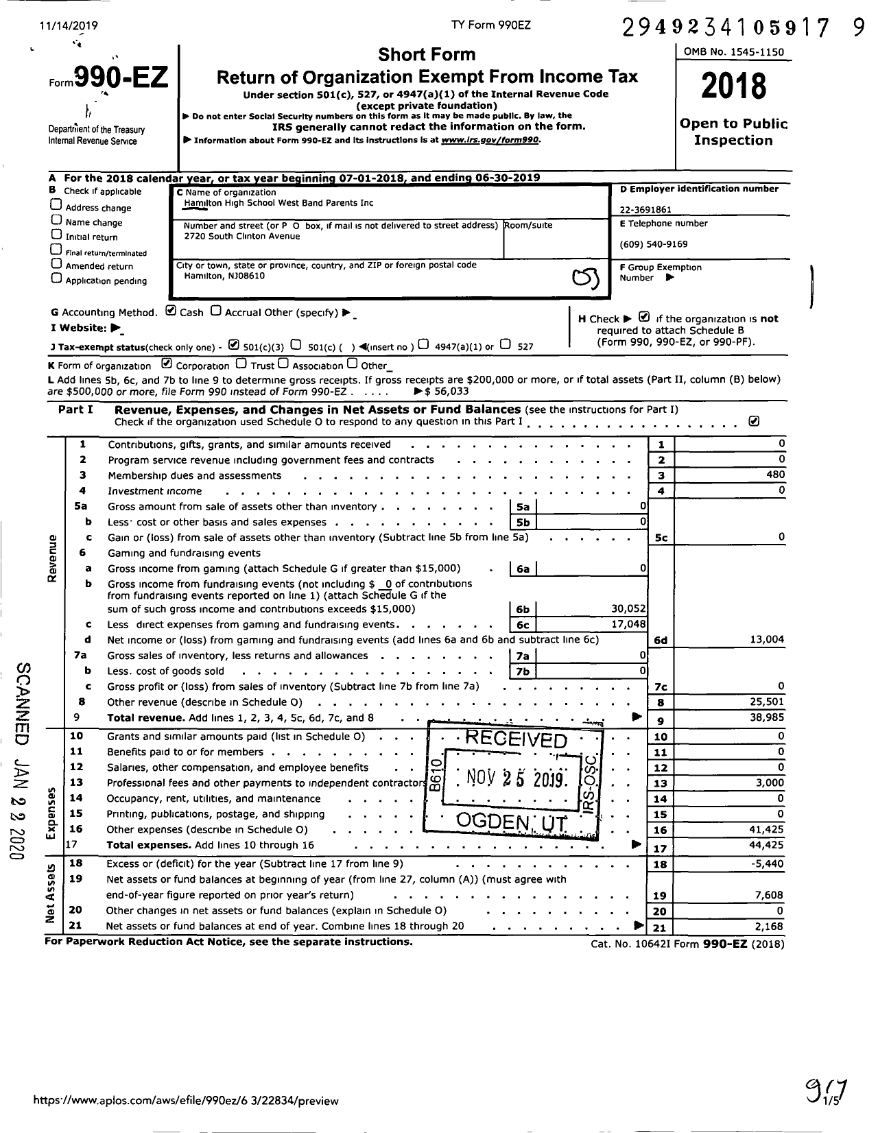 Image of first page of 2018 Form 990EZ for Hamilton High School West Band Parents