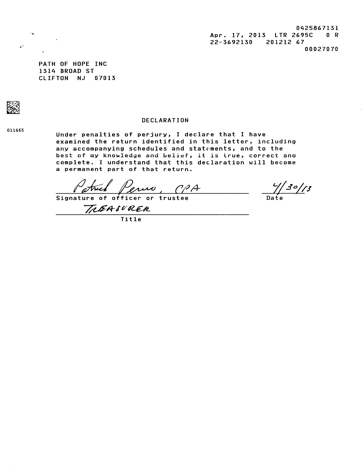 Image of first page of 2012 Form 990ER for Path of Hope