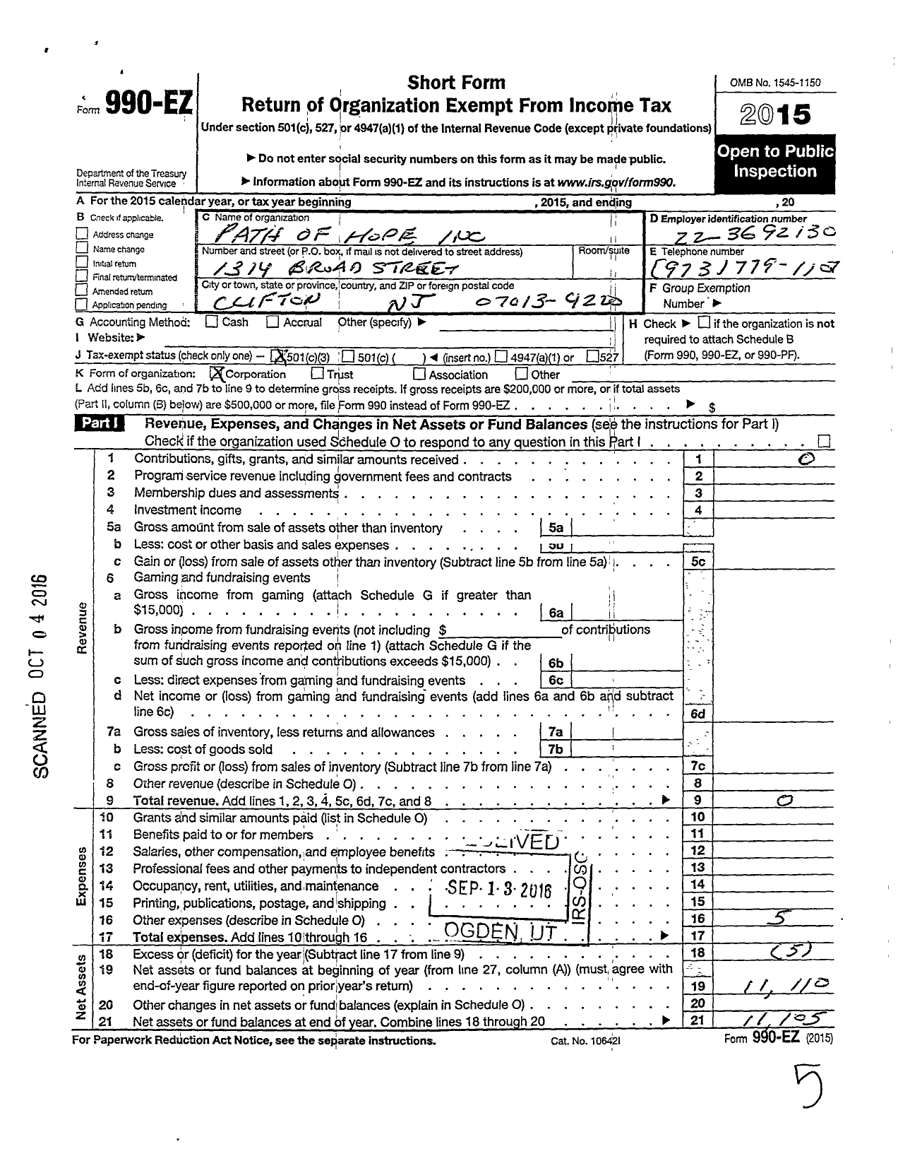 Image of first page of 2015 Form 990EZ for Path of Hope