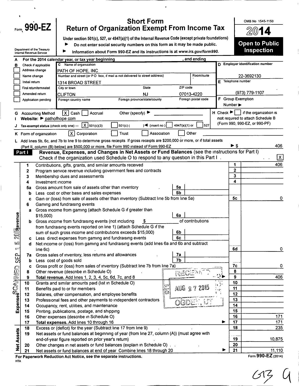 Image of first page of 2014 Form 990EZ for Path of Hope