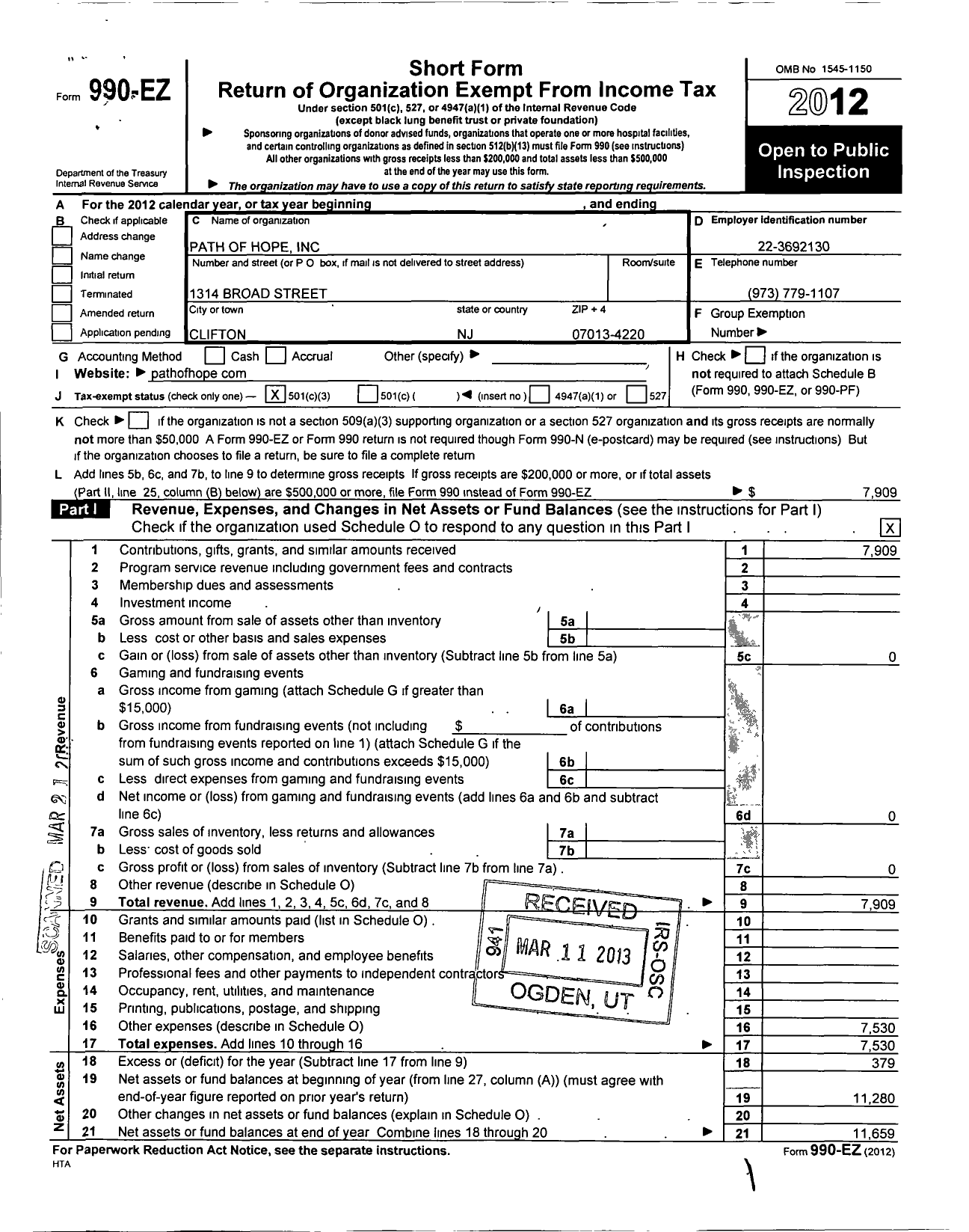 Image of first page of 2012 Form 990EZ for Path of Hope