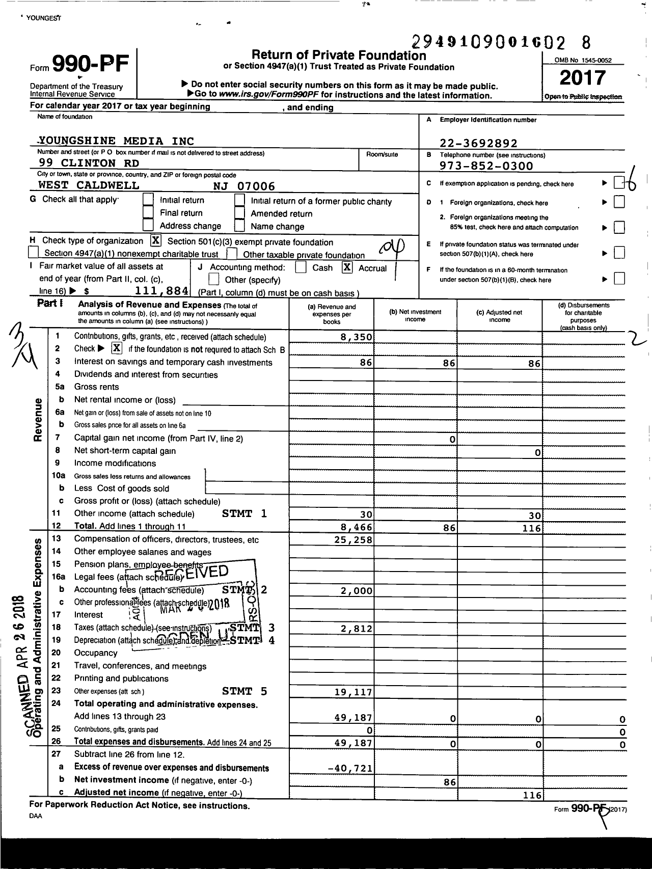 Image of first page of 2017 Form 990PF for Youngshine Media