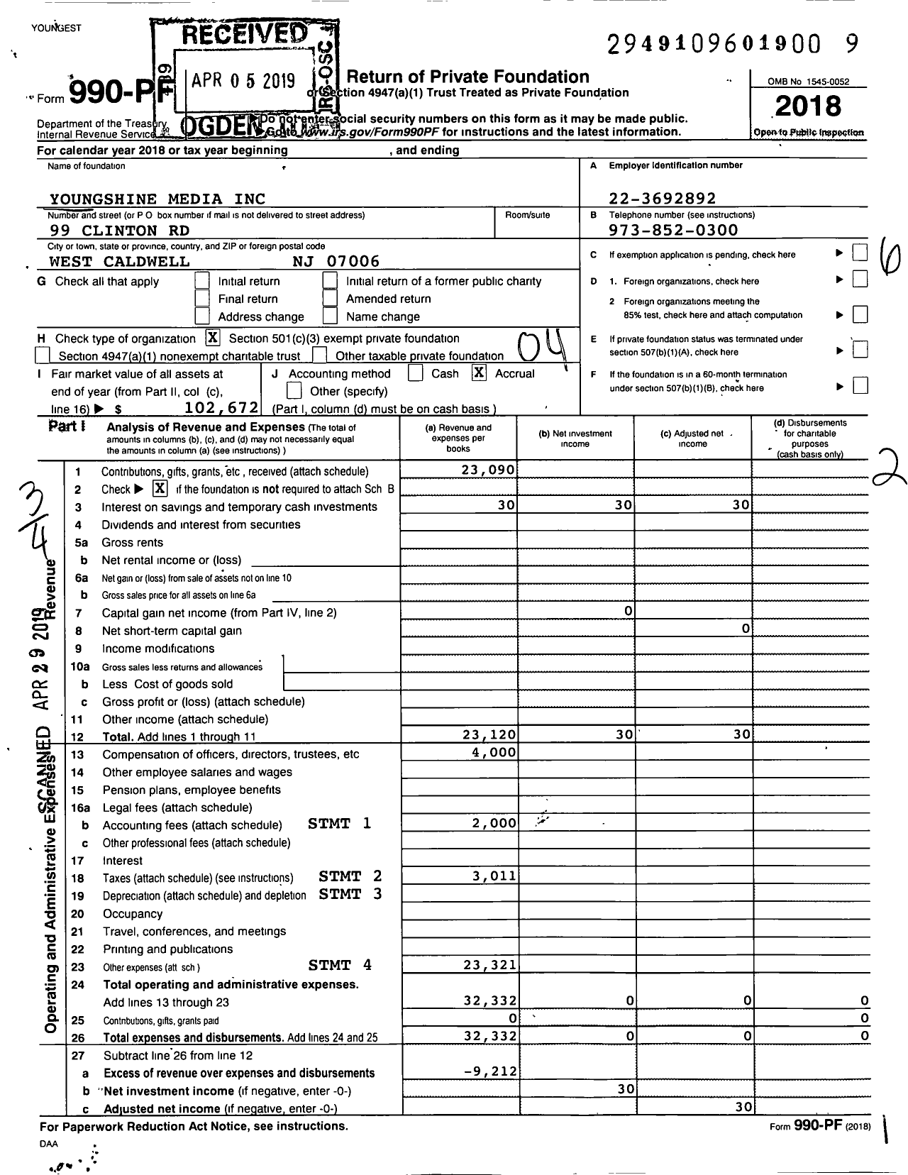 Image of first page of 2018 Form 990PF for Youngshine Media